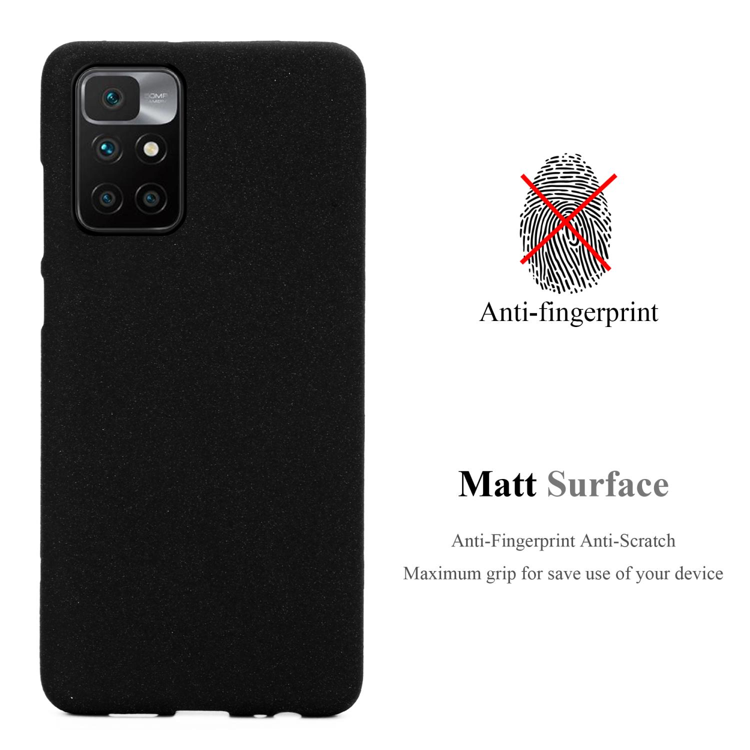 Custodia per telefono nera con testo 'Matt Surface' e 'Anti-impronte'. Simbolo di impronta sbarrato.