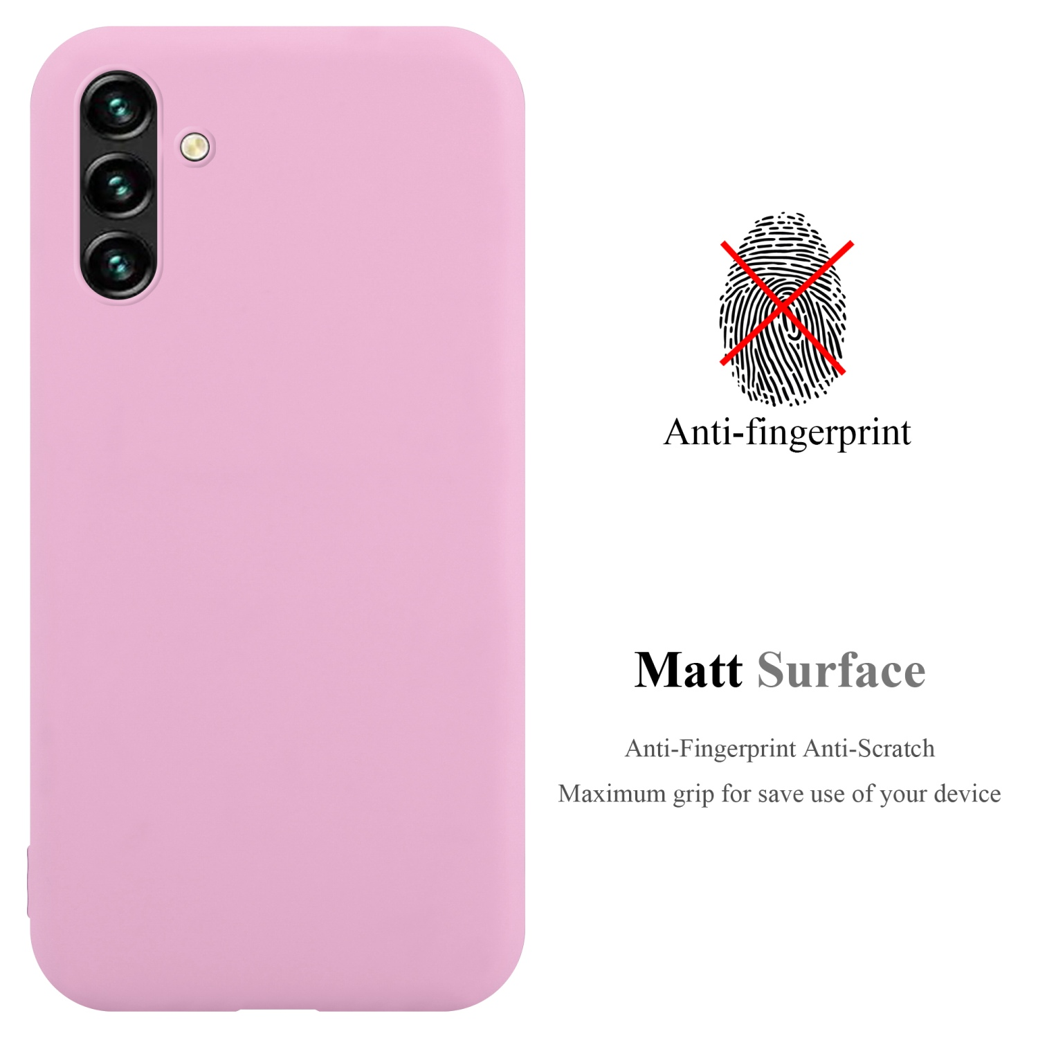 Rosa Handyhülle, Rückansicht. Text: Anti-Fingerabdruck, Matt-Oberfläche und Max-Grip.