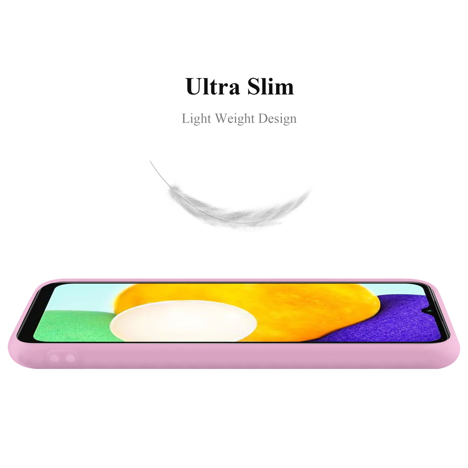 Rosa Handyhülle mit Handy. Weiße Feder schwebt. Oben steht Ultra Slim.