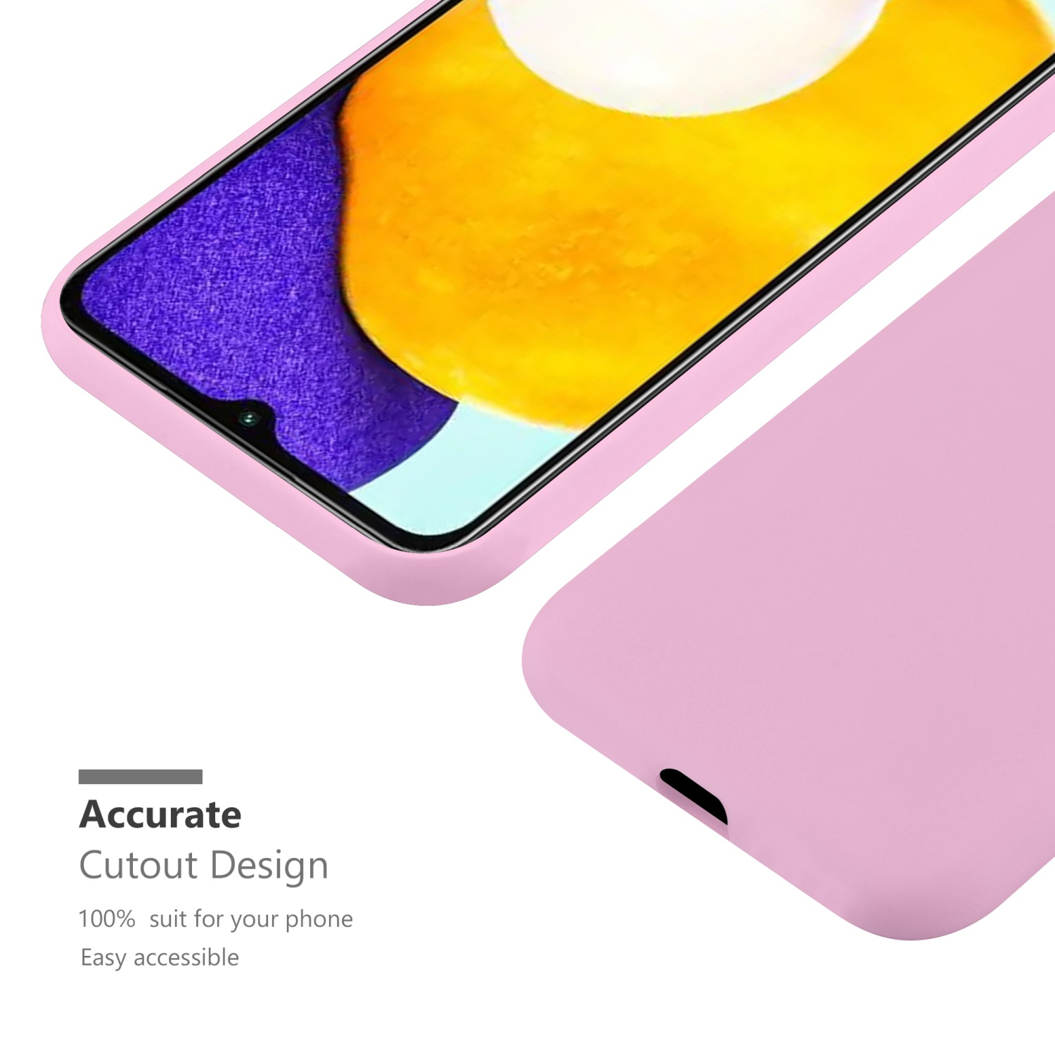 Rosa Handyhülle mit Telefonumriss und dem Text 'Accurate Cutout Design' und 'Easy accessible'.
