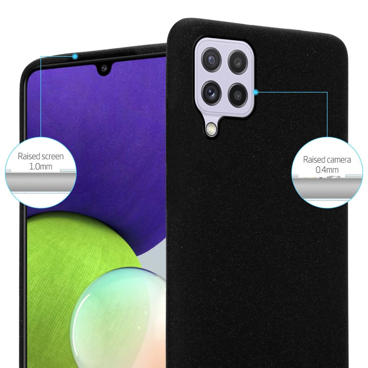 Custodia per telefono nera con schermo e area fotocamera rialzati.