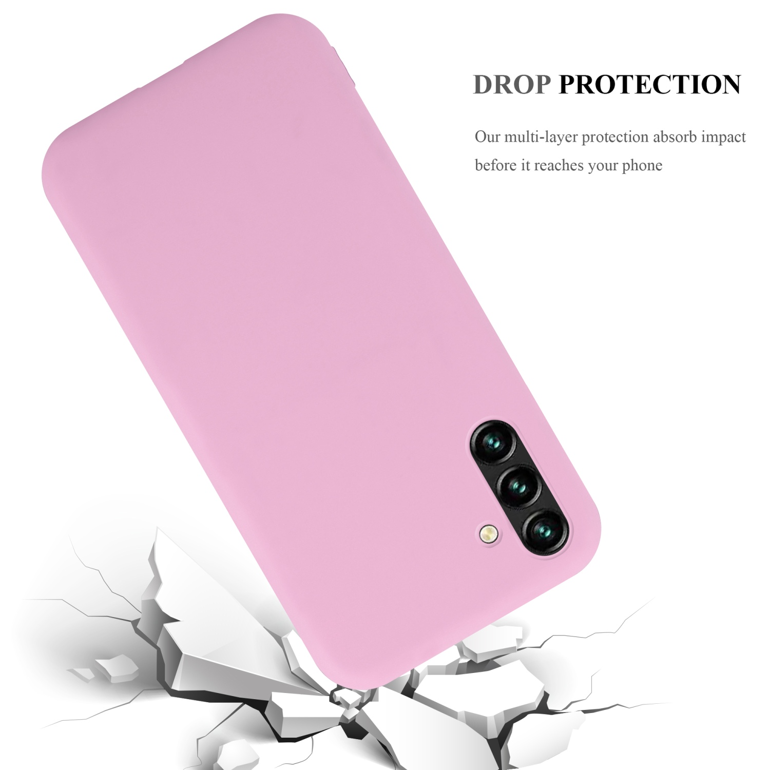 Rosa Handyhülle mit Telefon. Fallschutz.