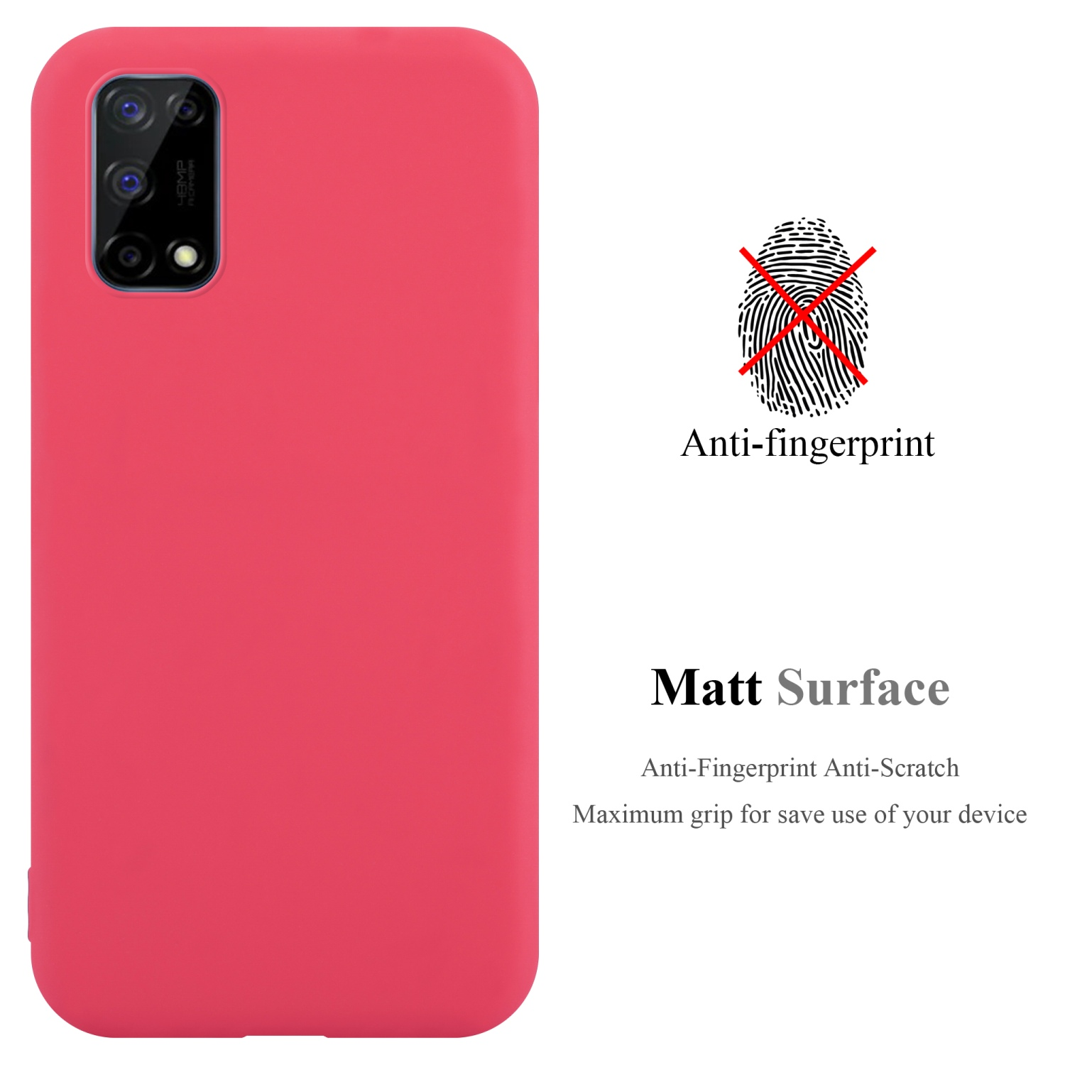 Custodia rossa per telefono con telefono, che mostra il retro e l'etichetta anti-impronte.