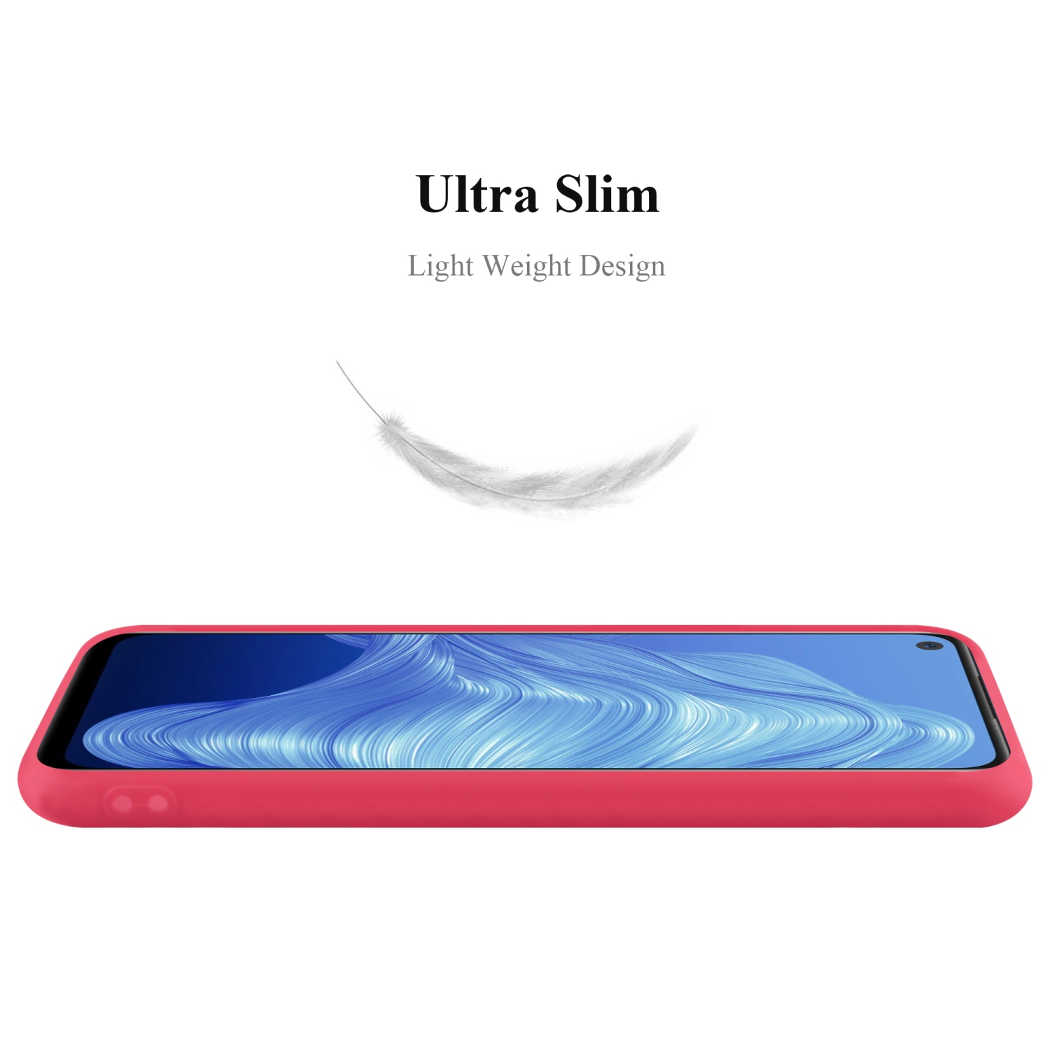 Una custodia rossa piatta. Una piuma grafica sopra. Testo: Ultra Slim, Light Weight Design.