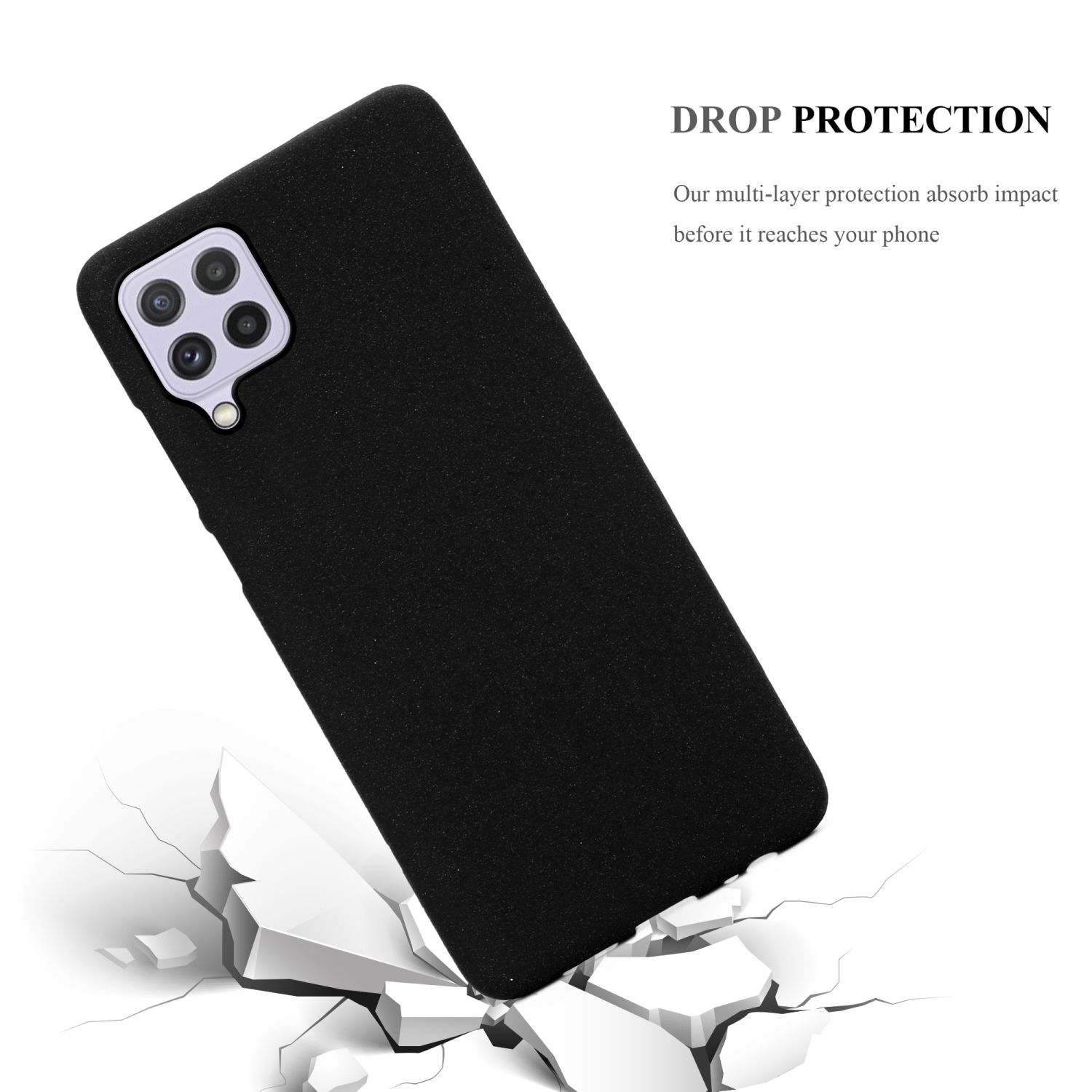 Custodia nera, inclinata, con crepe sotto. Testo: 'Drop protection'. Sfondo bianco.