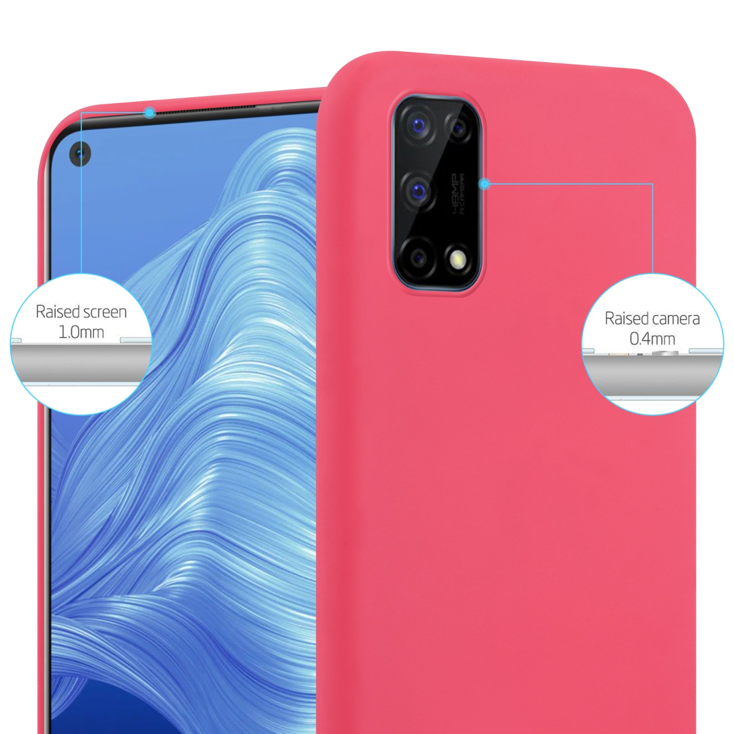 Custodia rossa per telefono con la fotocamera del telefono rialzata. Lo schermo è visibile.