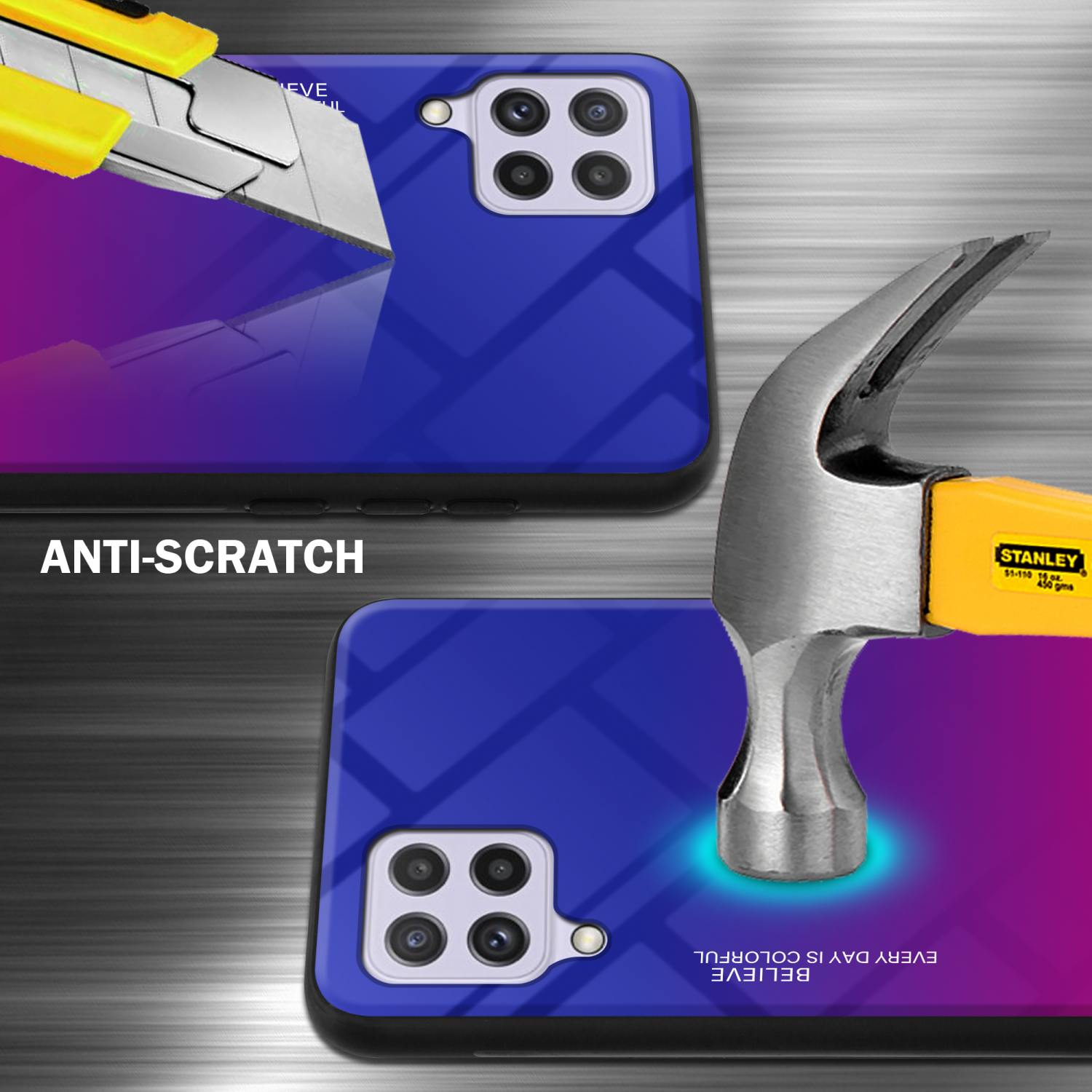 Custodia per telefono testata con coltello e martello. Testo antigraffio visibile.