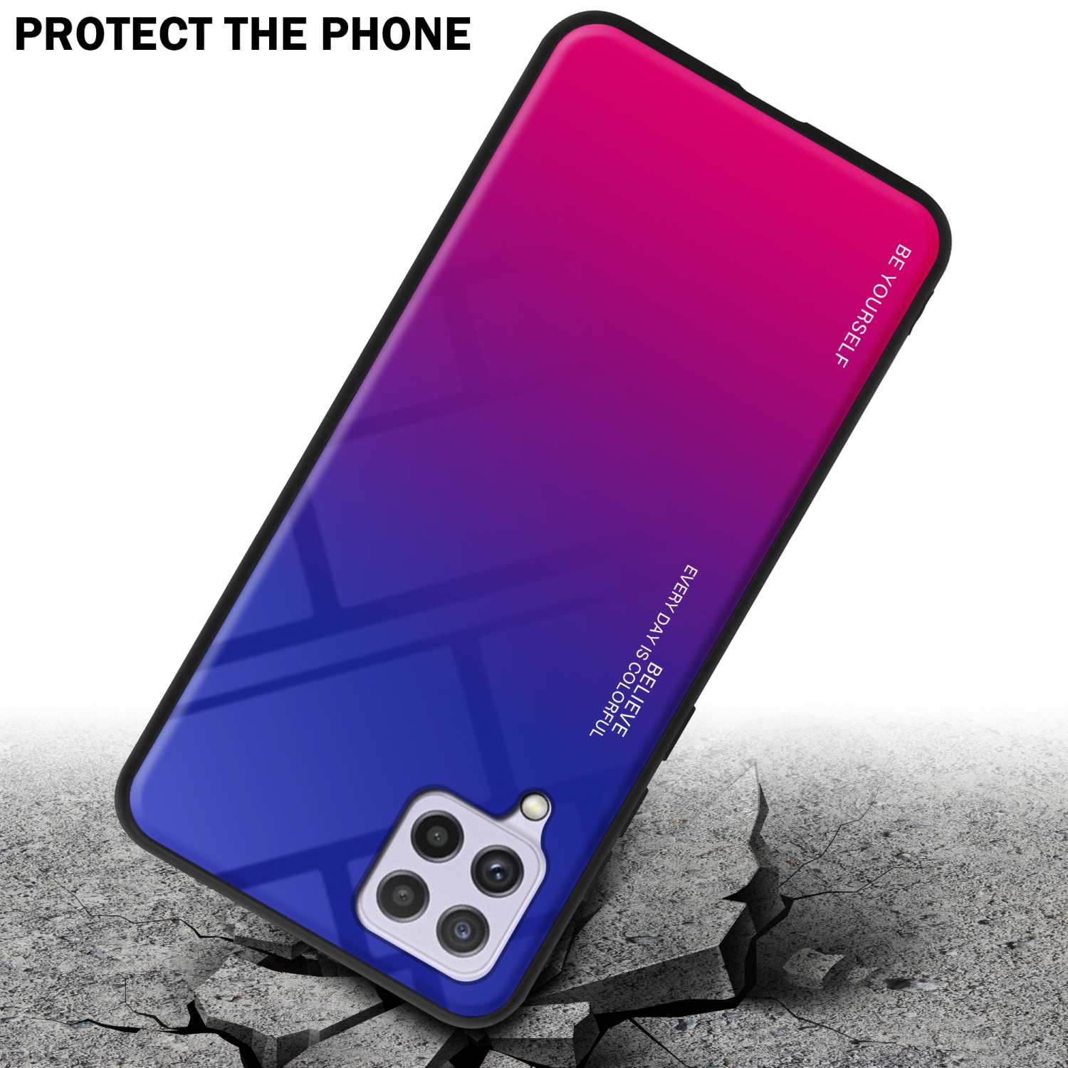 Telefono con cover sfumata blu-rosa su superficie incrinata, che mostra resistenza agli urti.