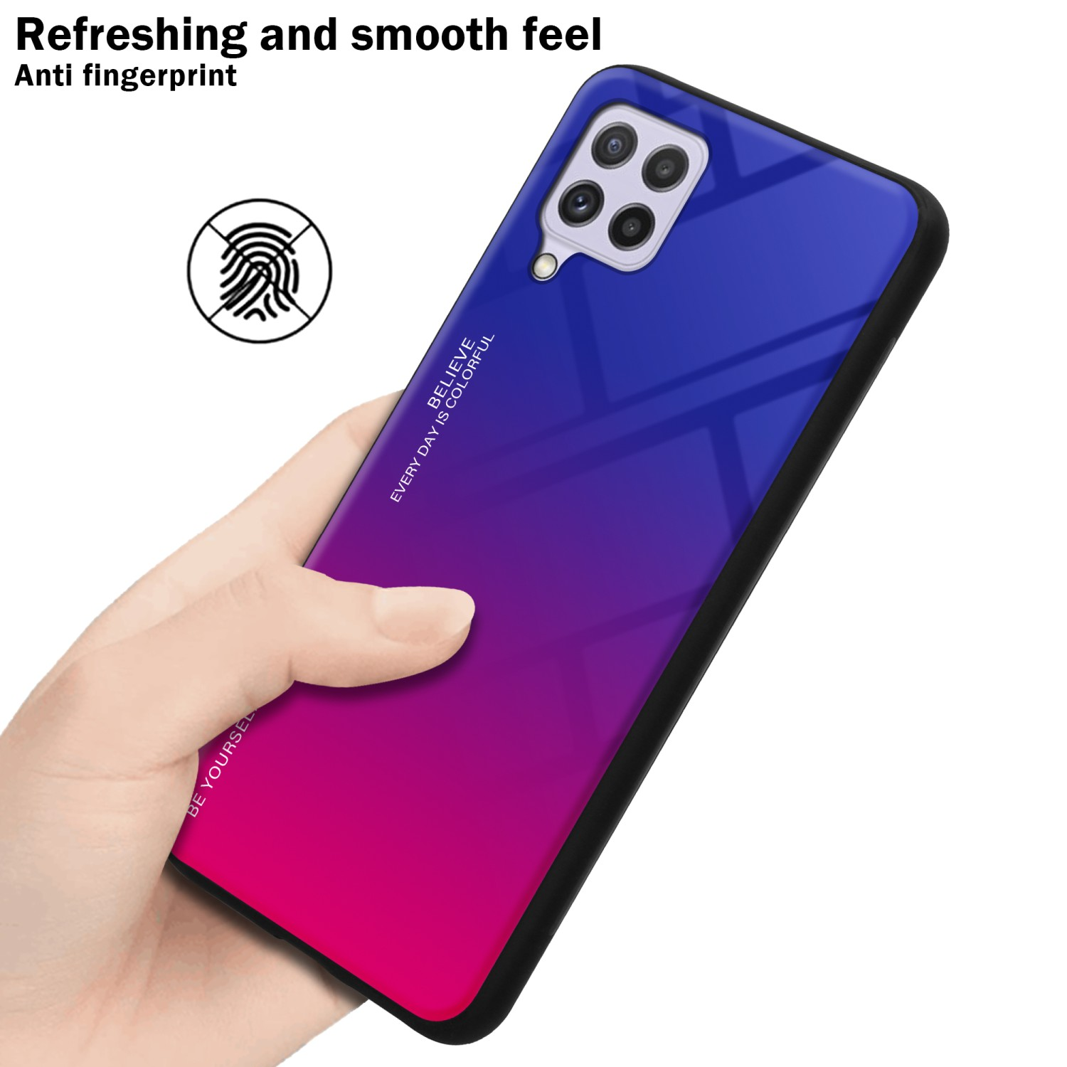 Mano che tiene una custodia per telefono, con un retro sfumato blu-rosa, evidenziando l'antimpronta.