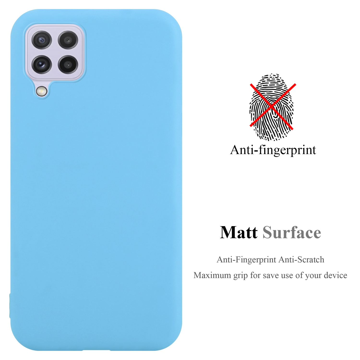 Custodia per telefono azzurra. Lo sfondo mostra un simbolo di impronta digitale con una croce rossa.