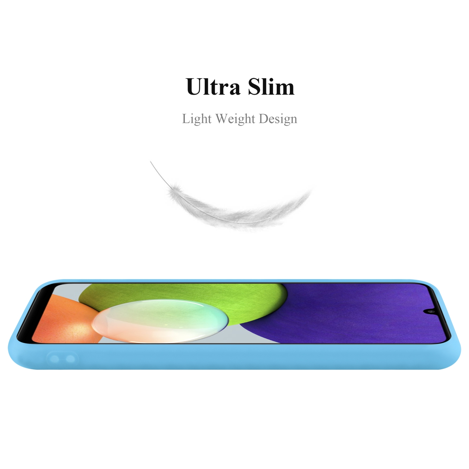 Una custodia per telefono azzurra con un telefono all'interno. La custodia è ultrasottile e ha una grafica a forma di piuma sopra.