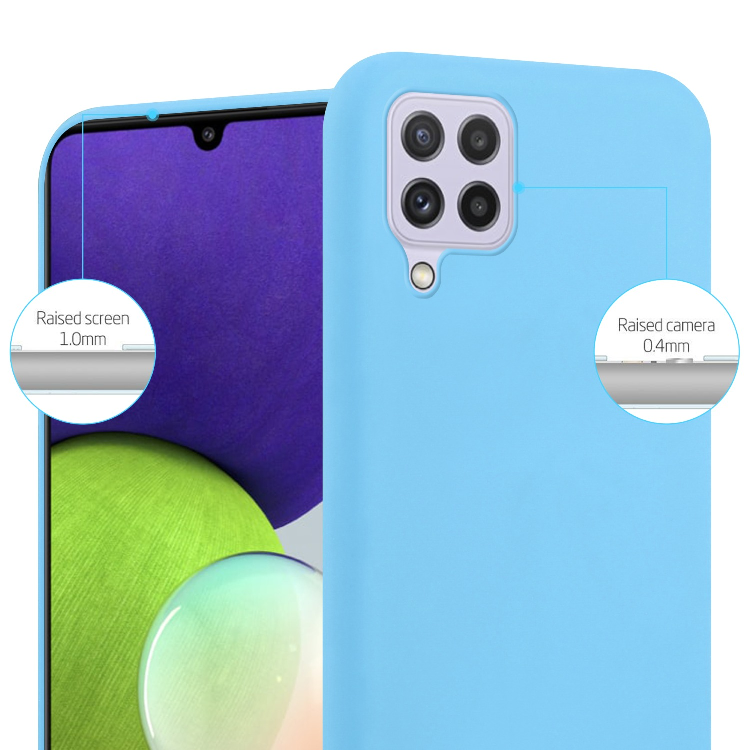 Custodia blu per telefono con bordi rialzati. Testo: Schermo rialzato, fotocamera rialzata.