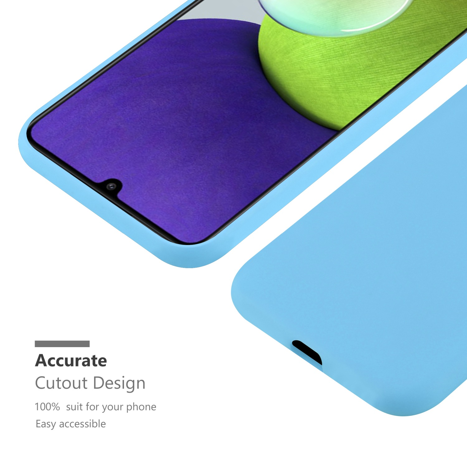 Custodia per telefono azzurra con schermo visibile. Testo: 'Accurate Cutout Design'.