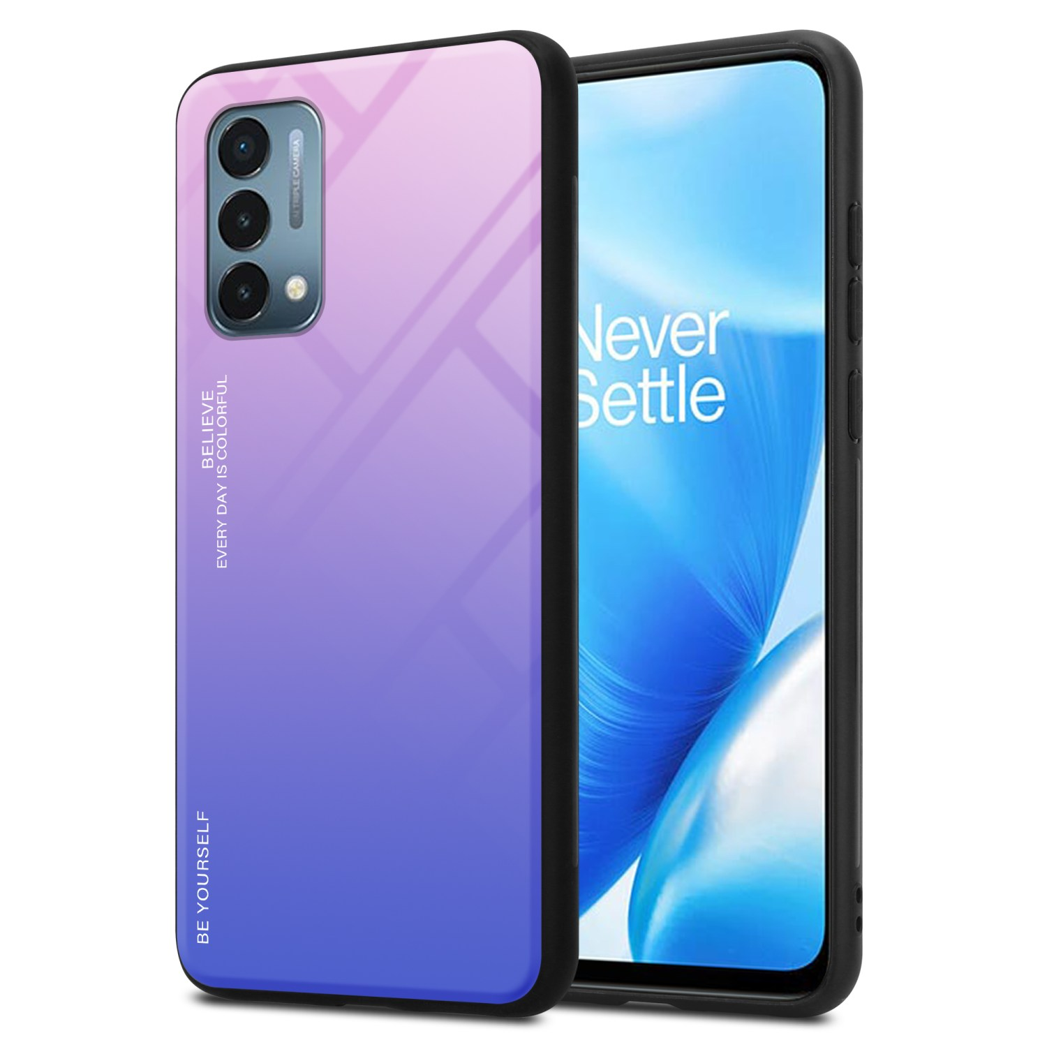 Ein Telefon in einer Hülle mit einem Farbverlauf in Lila und Blau. Es hat einen schwarzen Rahmen und ein farbenfrohes Display.