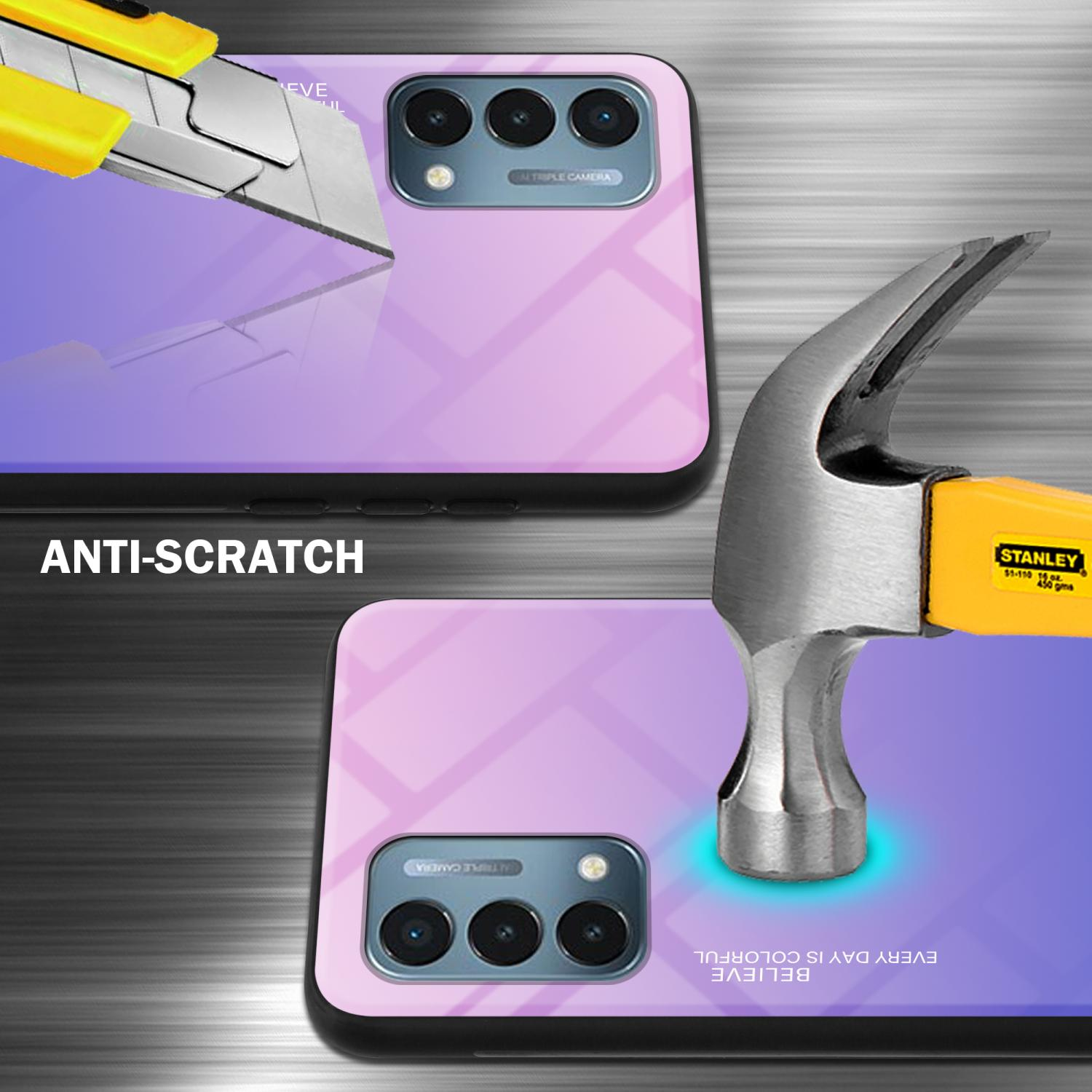 Zwei Telefone, die mit einem Messer zerkratzt und mit einem Hammer geschlagen werden. Text: Kratzfest.