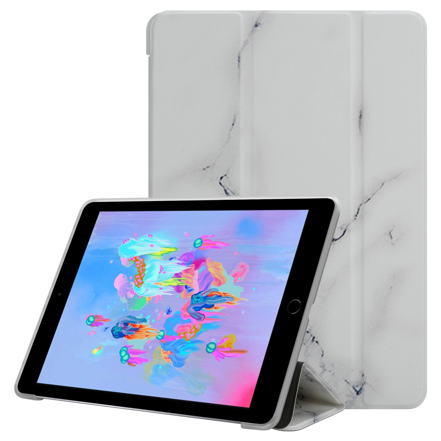 Tableta con imagen colorida en funda marmolada. Otra funda está detrás, de pie.