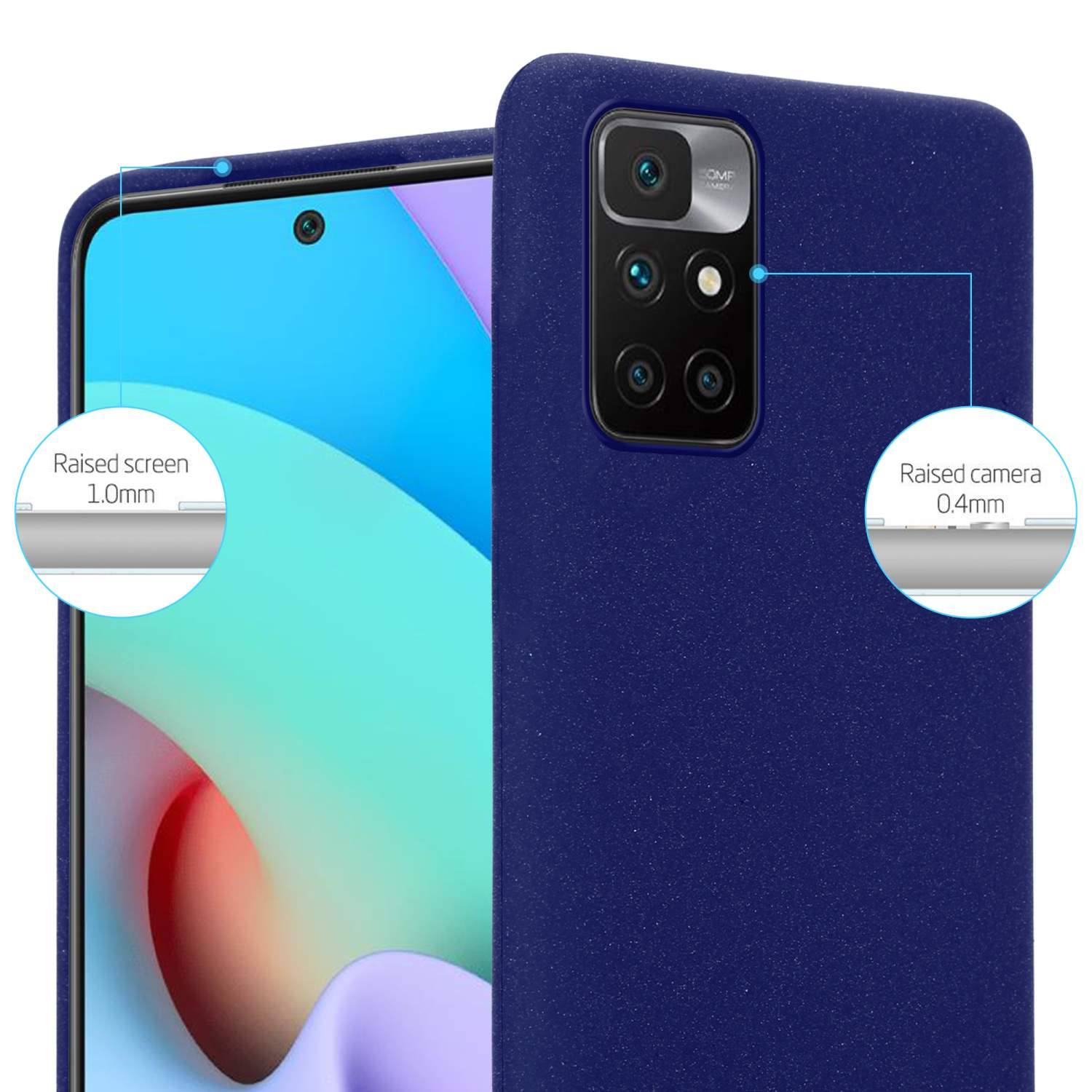 Custodia per telefono blu navy, che mostra i bordi rialzati dello schermo e della fotocamera. Lo sfondo è bianco.