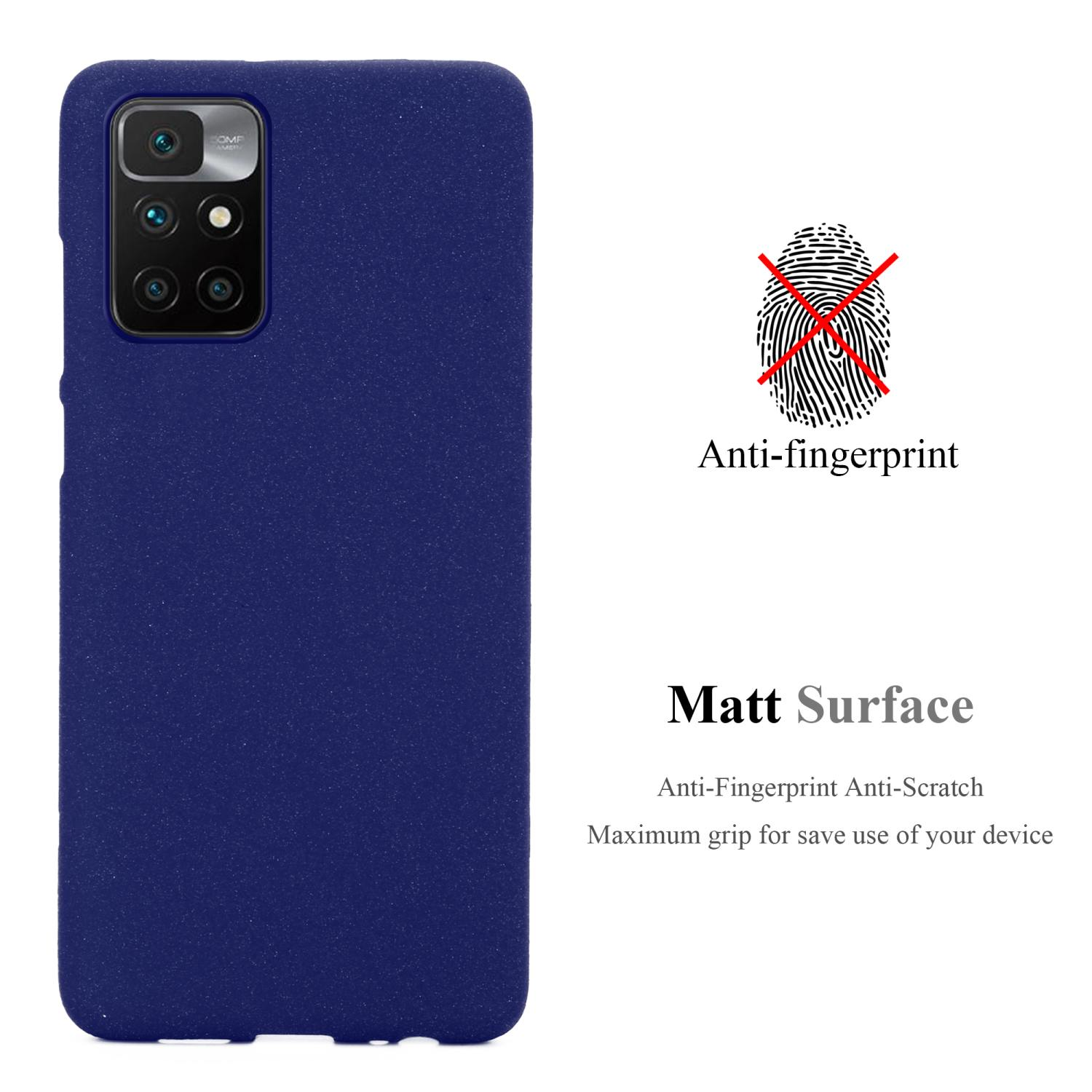 Custodia blu per telefono, con un telefono all'interno. Icona impronta digitale con croce rossa.