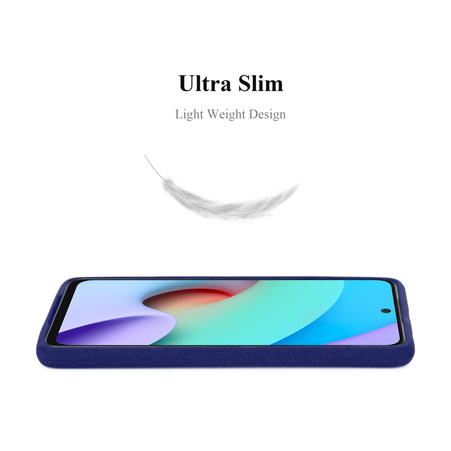 Custodia blu scuro con telefono. Una piuma fluttua sopra la custodia.
