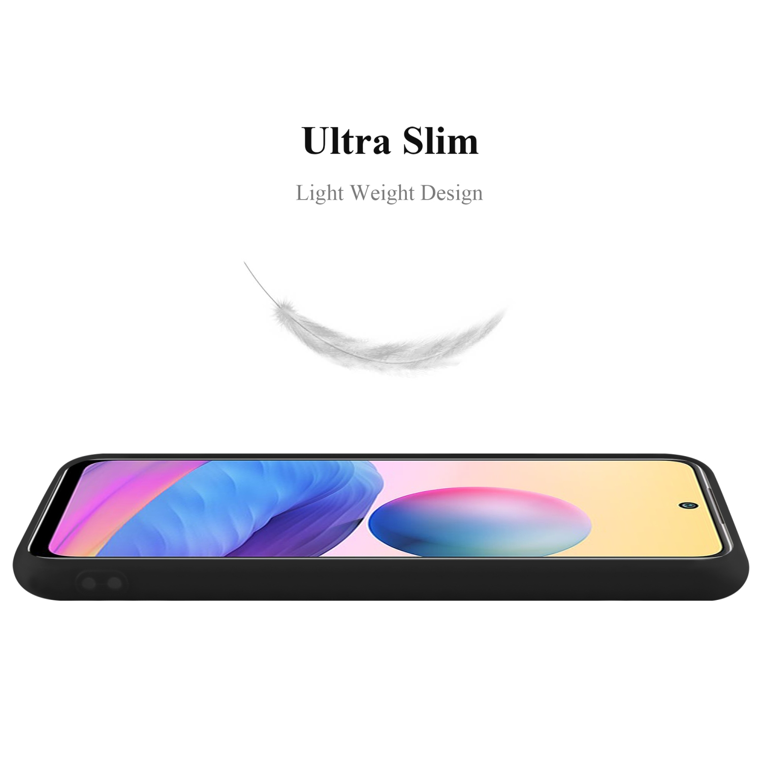 Custodia nera per telefono con grafica a piuma. Il telefono è nero con schermo colorato.