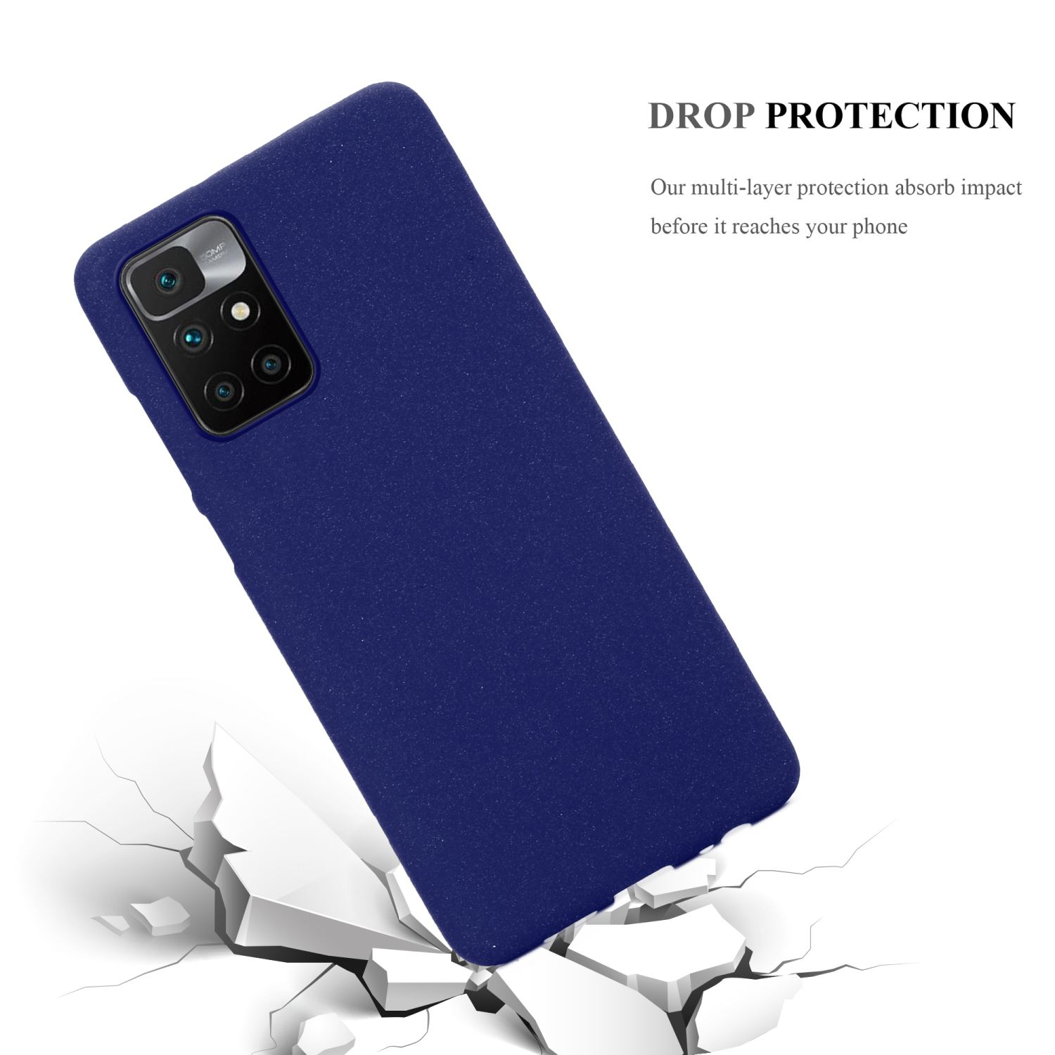 Custodia per telefono blu navy con telefono all'interno, con superficie incrinata, protezione.