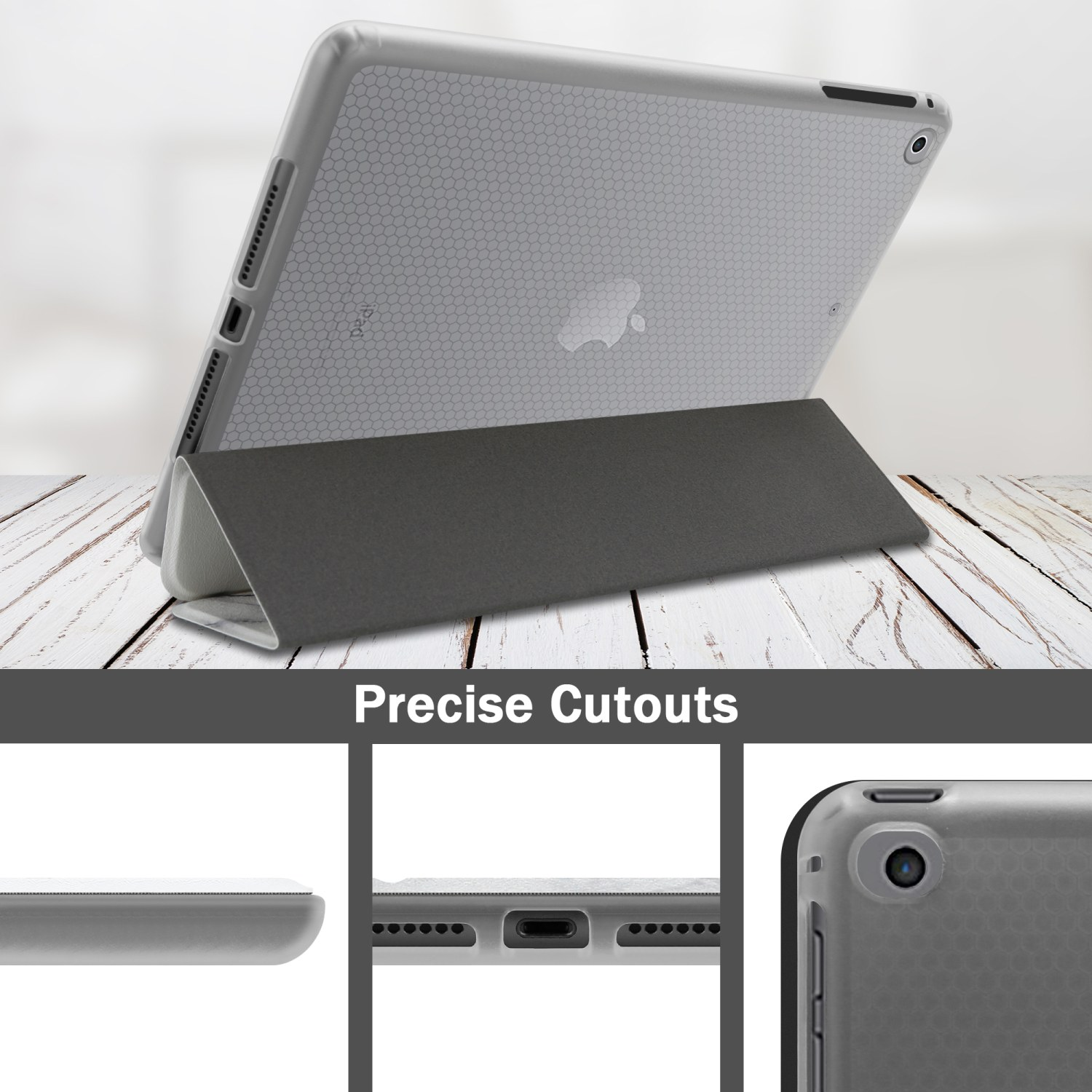 Un iPad en una funda, con recortes precisos mostrados en primeros planos detallados.