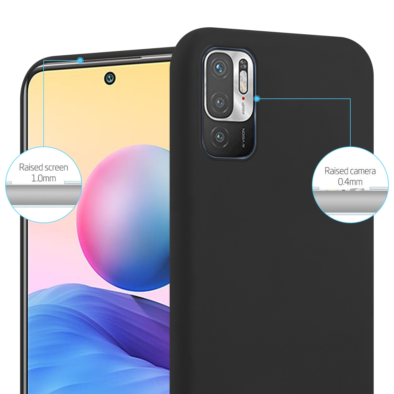 Custodia nera con telefono. Dettagli mostrano schermo e fotocamera rialzati.