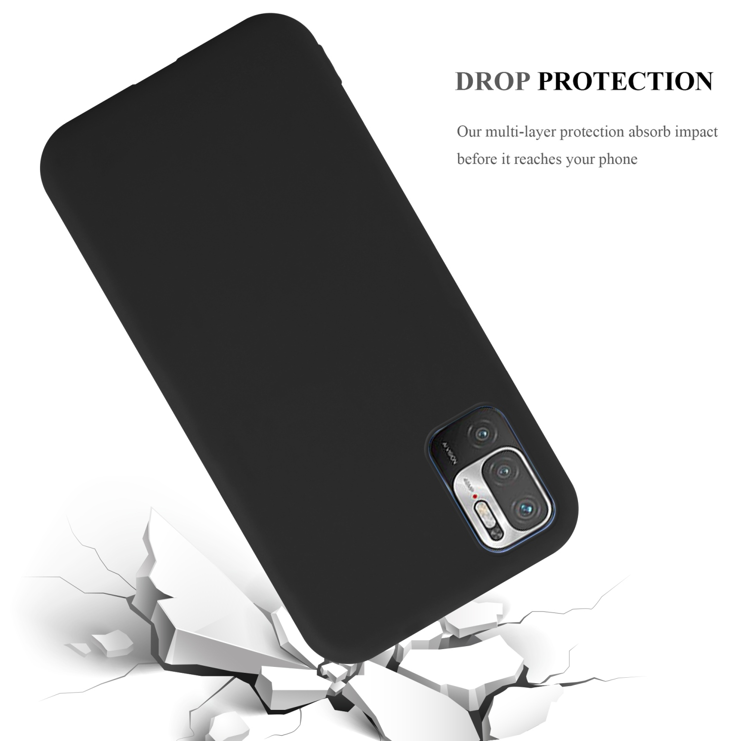 Custodia nera con telefono all'interno, su superficie bianca con crepe e protezione dalle cadute.