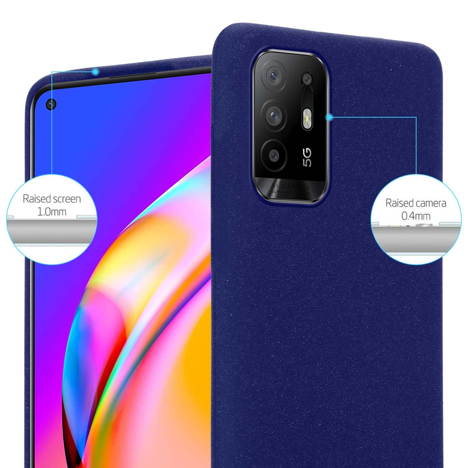 Una custodia blu per telefono su un telefono, con schermo e fotocamera rialzati.