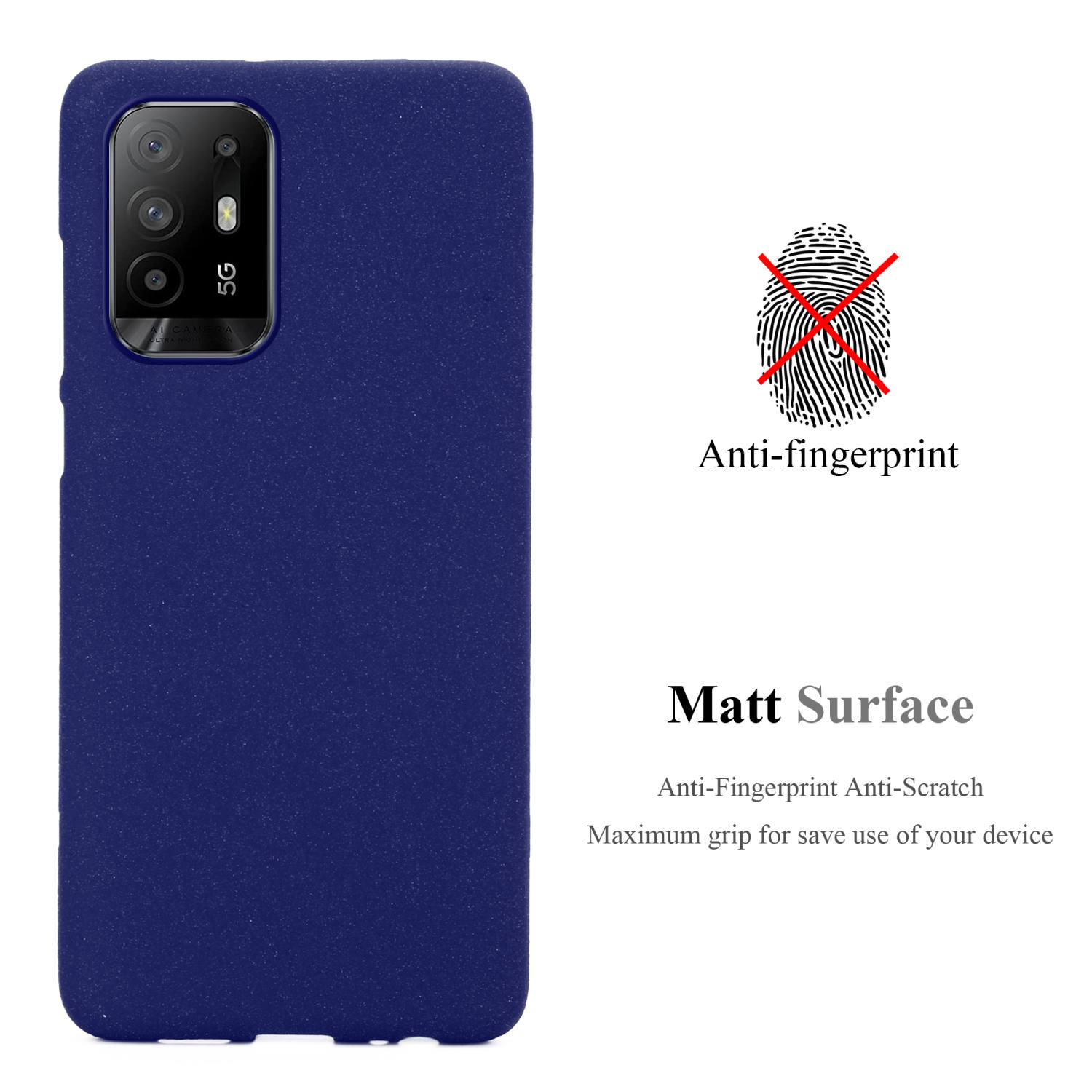 Custodia blu per telefono con funzione anti-impronta, testo a destra: Matt Surface, antigraffio, massima presa.