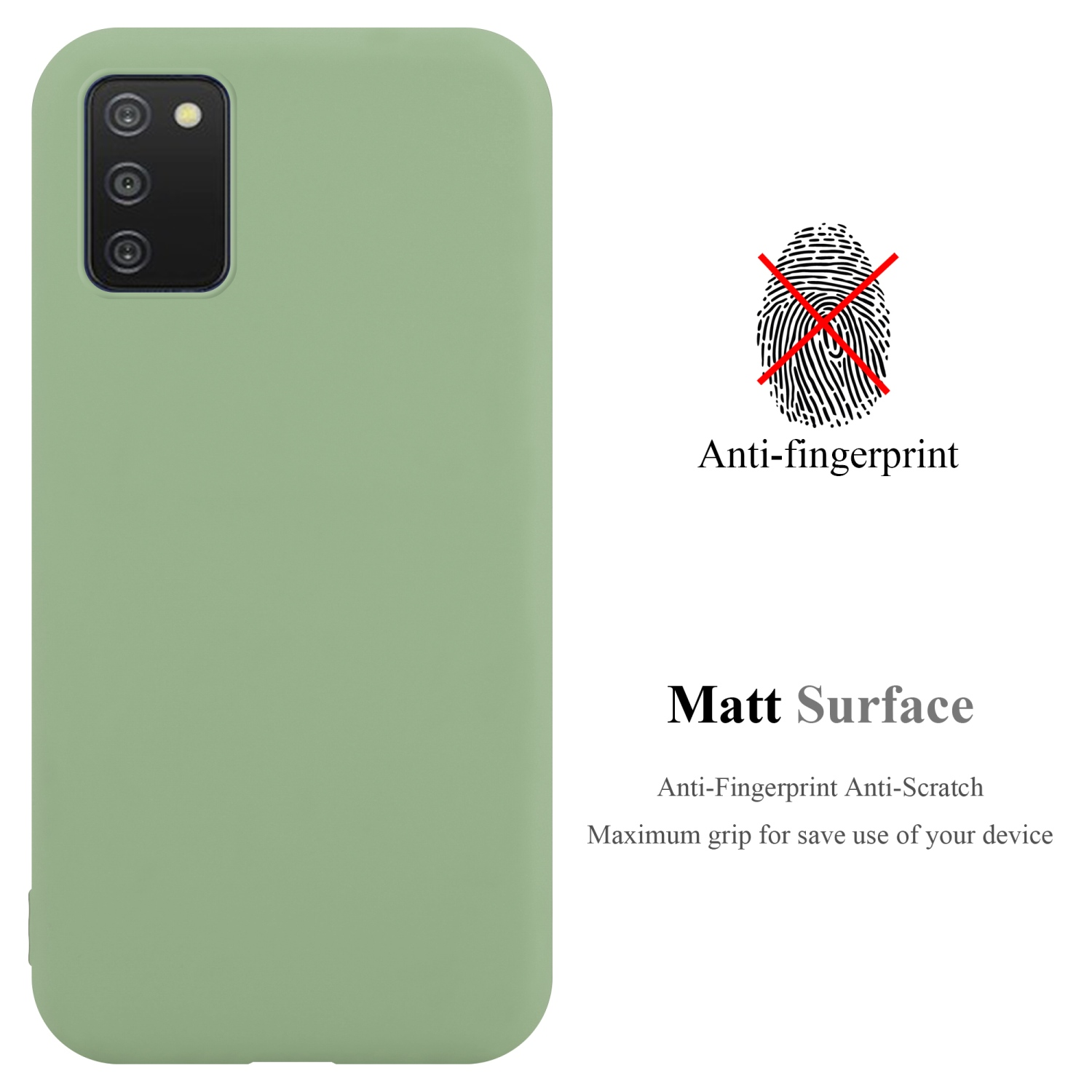 Custodia verde con testo: Anti-impronte, Superficie opaca. Anti-impronte Anti-graffio.