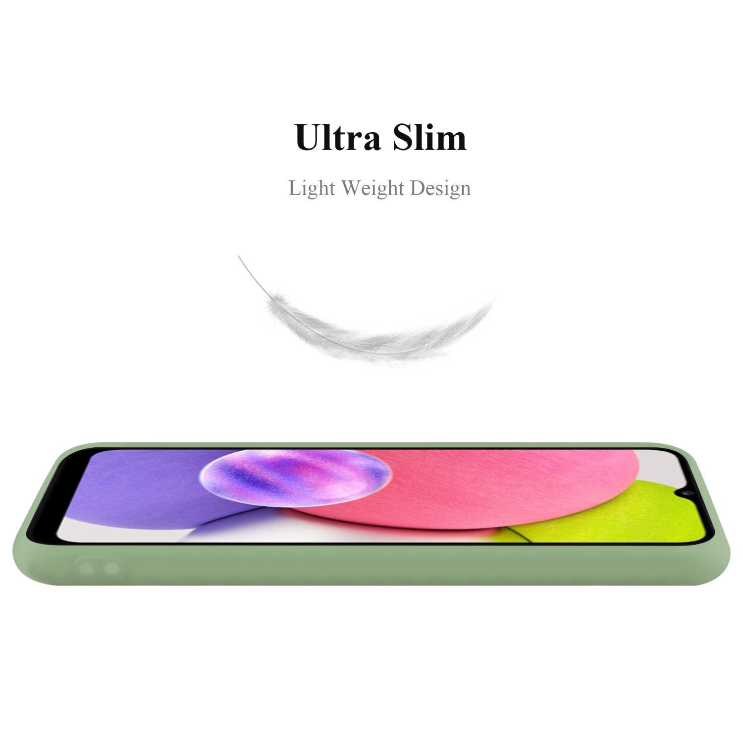 Una custodia per telefono verde chiaro. Una piuma fluttua sopra il telefono. Il telefono mostra rosa e viola.