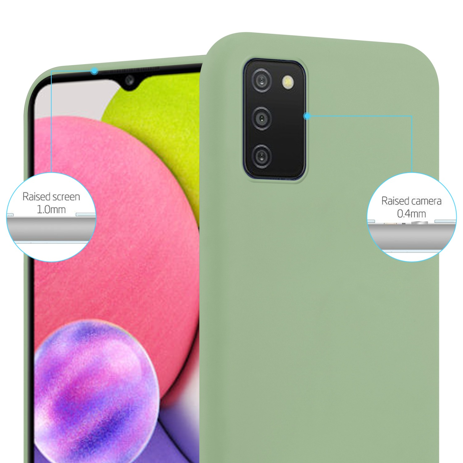 Custodia verde per telefono con schermo e fotocamera rialzati. Un telefono è all'interno.