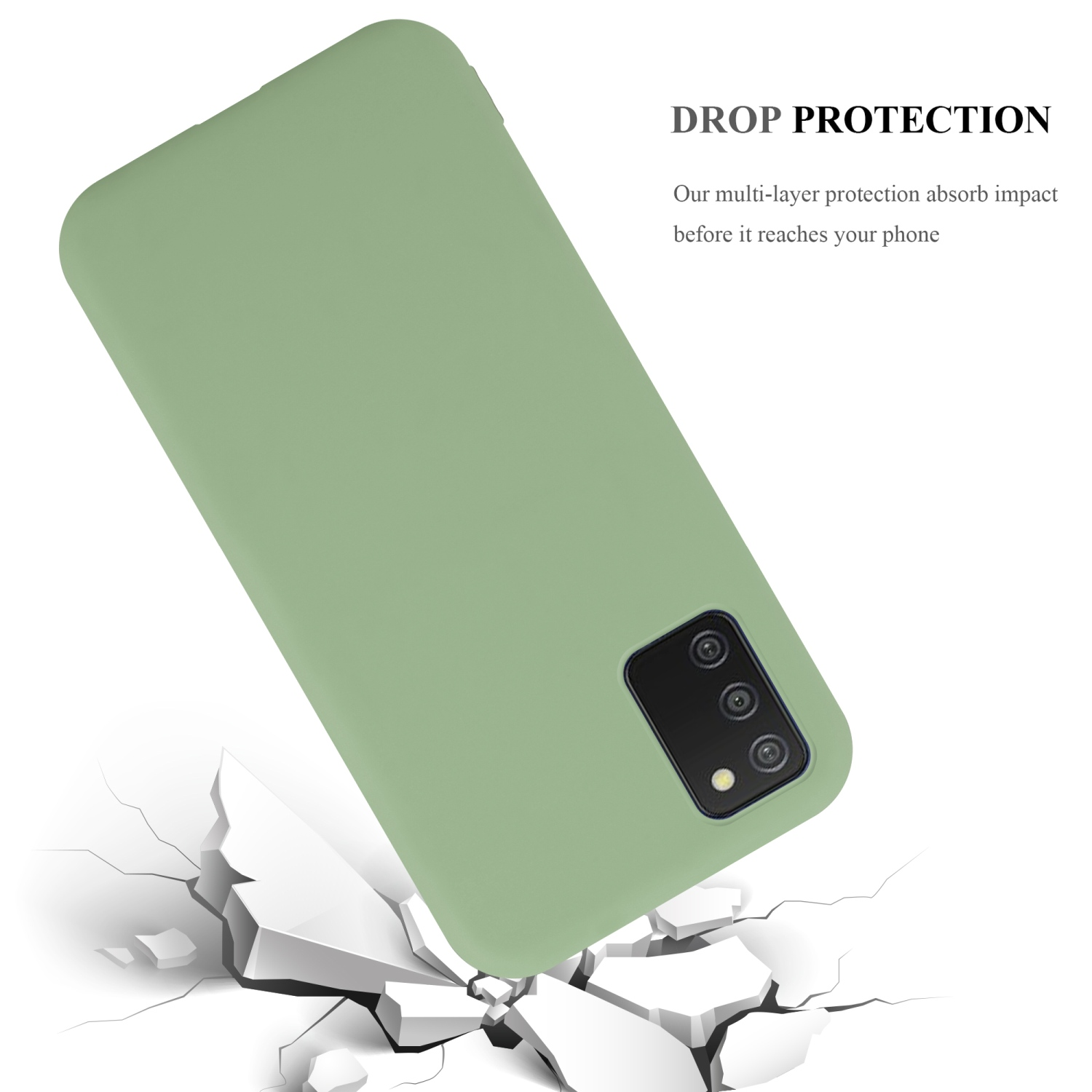 Custodia verde che cade su una superficie. La custodia è angolata con un telefono all'interno.