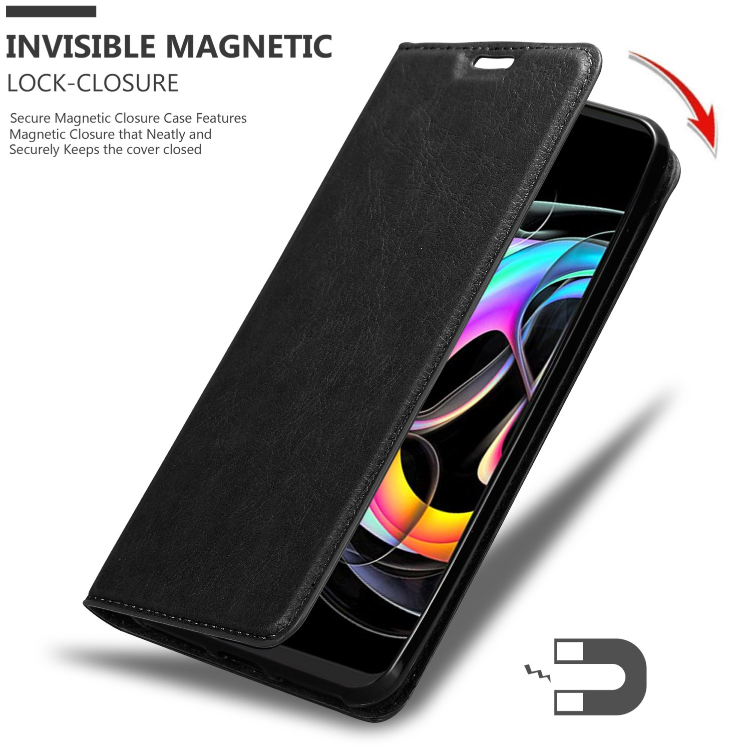 Custodia nera per telefono, aperta, che mostra il telefono. Chiusura magnetica visibile. Testo: 'Chiusura magnetica invisibile'.