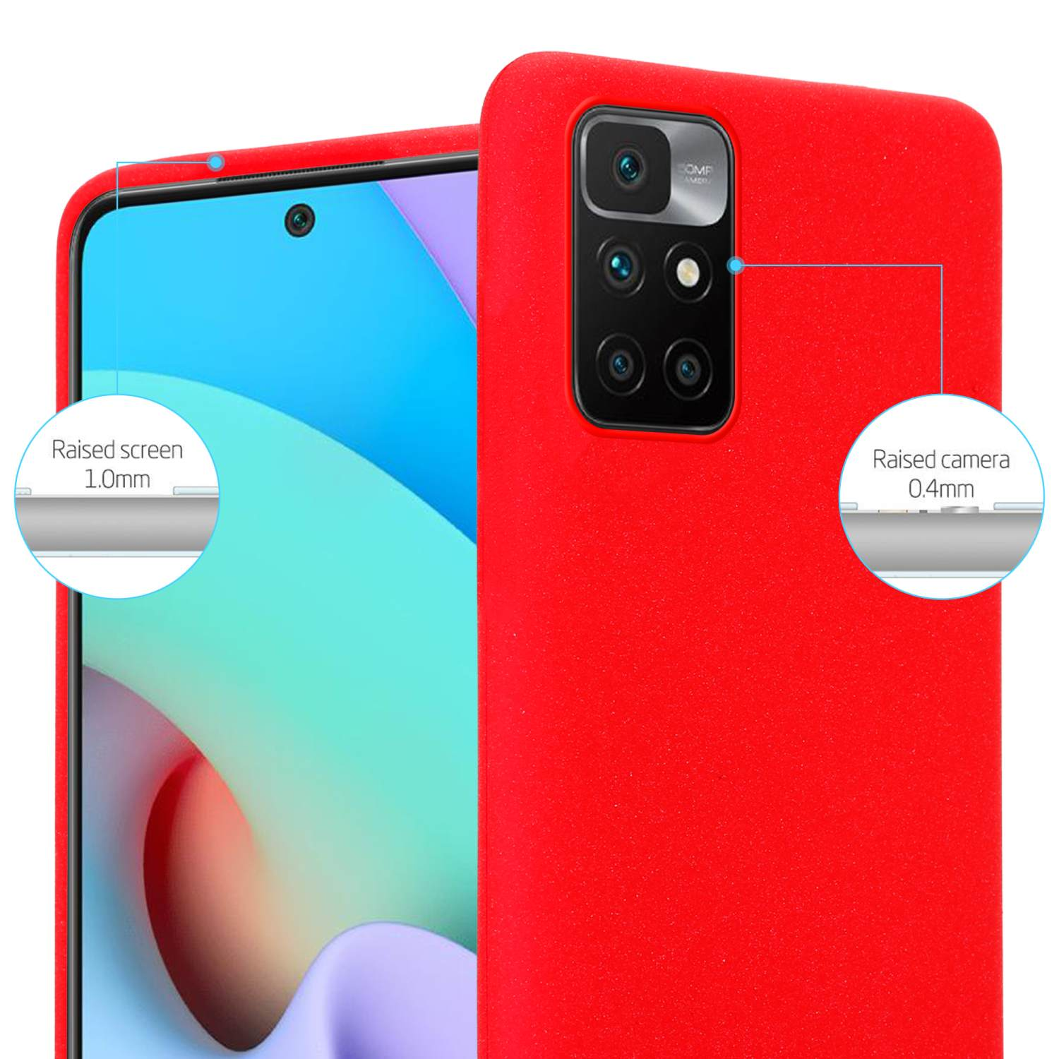 Una custodia per telefono rossa con un telefono all'interno. La custodia mostra i dettagli di protezione dello schermo e della fotocamera rialzati.