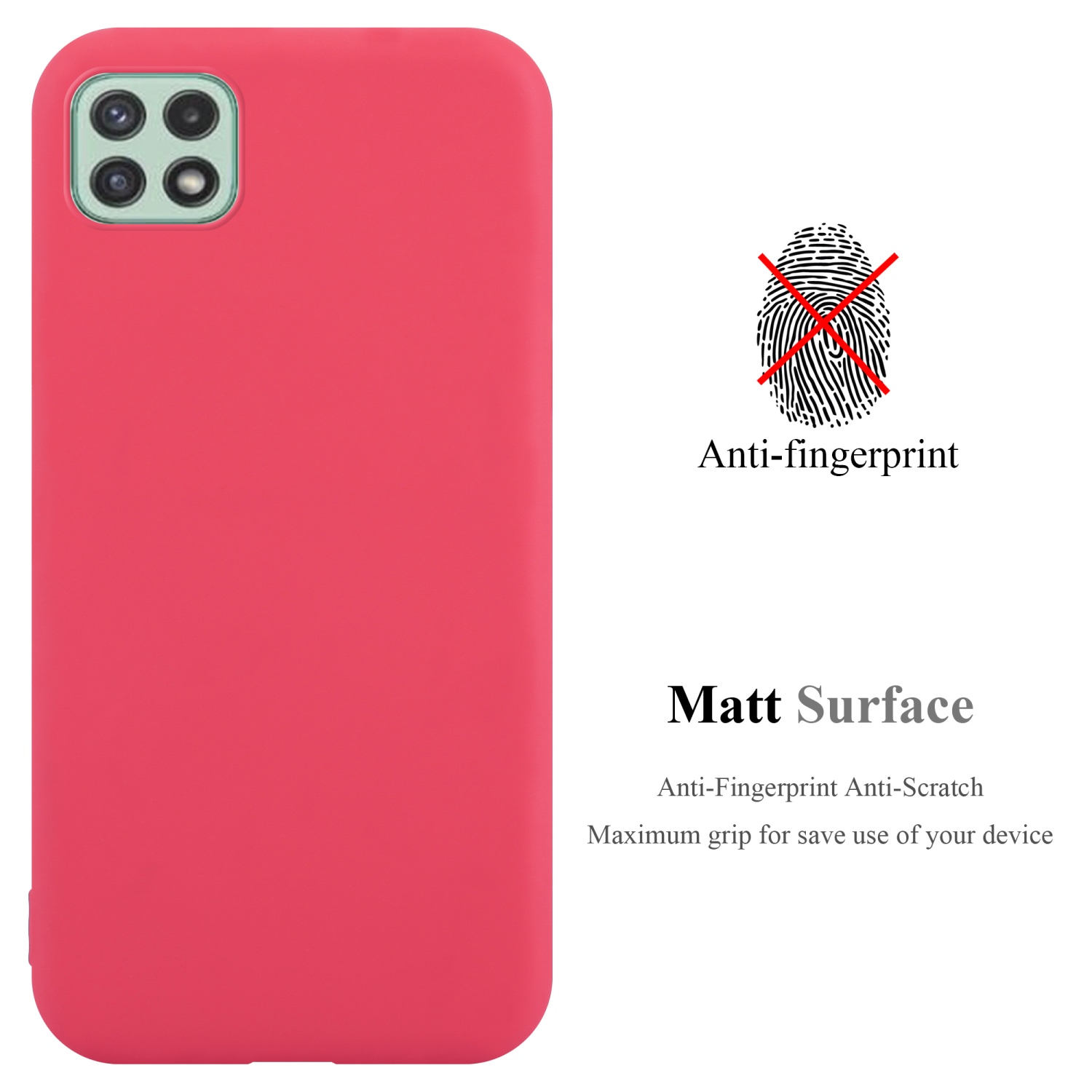 Custodia rosa con fotocamera e testo: Superficie opaca, anti-impronta.