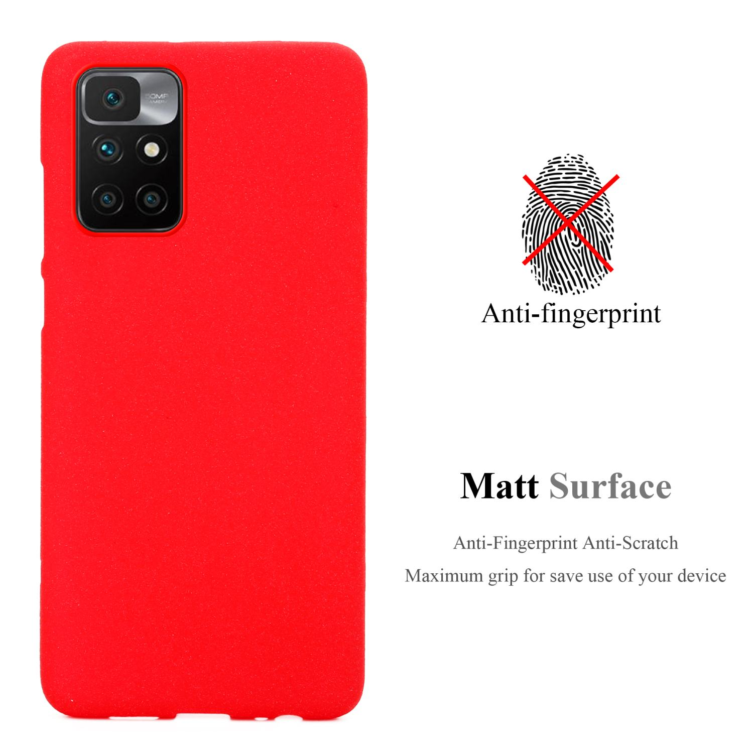 Custodia per telefono rossa sul lato sinistro, con un simbolo senza impronte digitali e testo, e una descrizione della superficie opaca.
