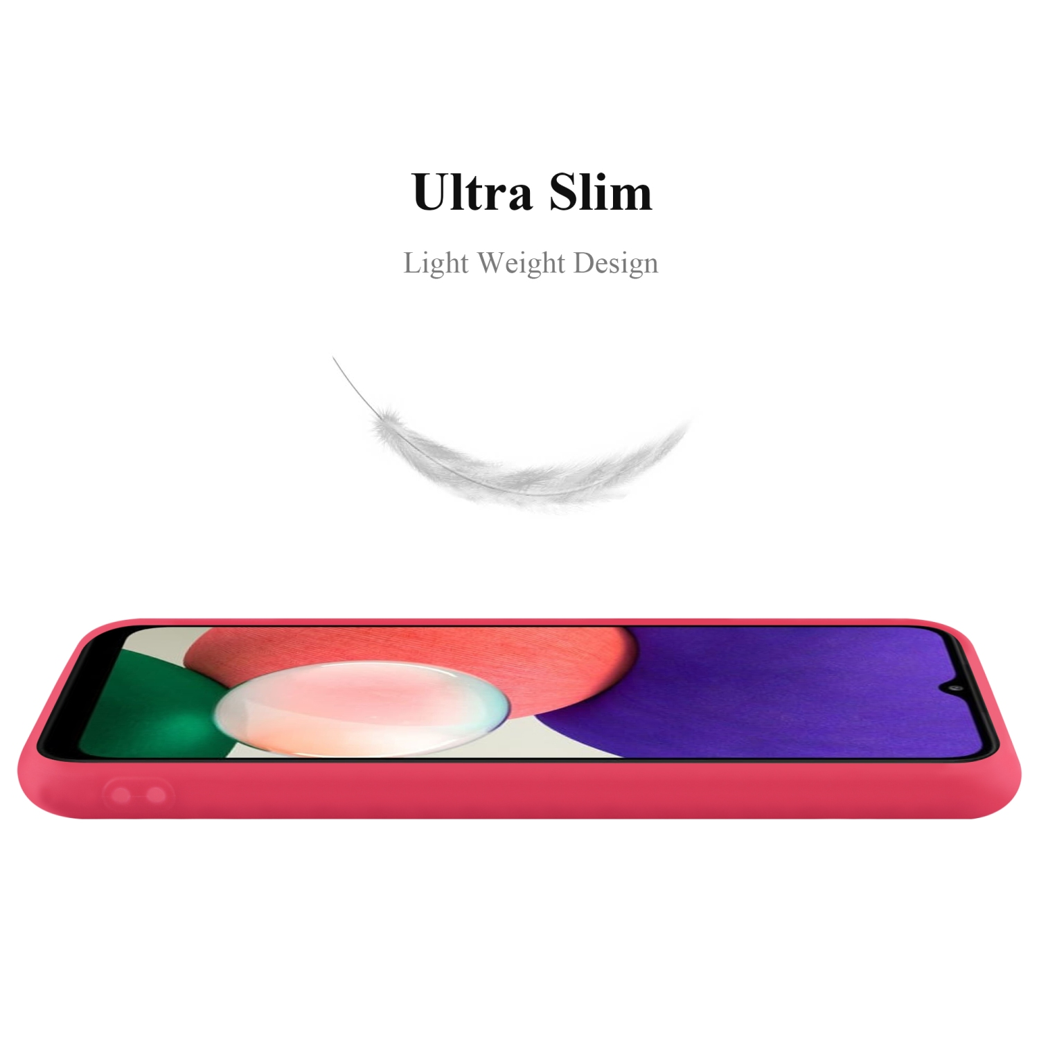 Custodia per telefono rossa. Il testo dice 'Ultra Slim' e viene mostrata una piuma.