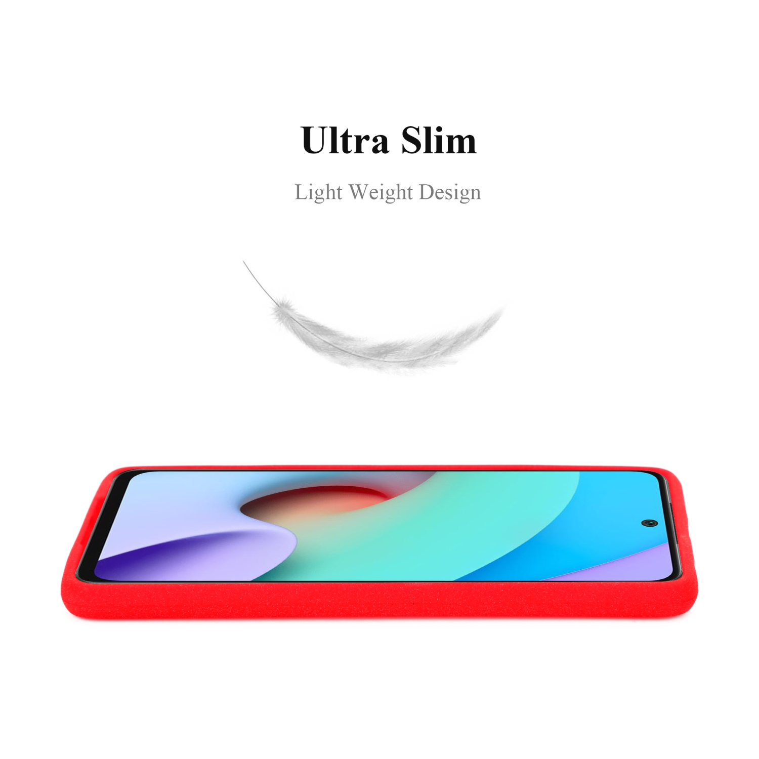 Custodia per telefono rossa con un design sottile. La custodia è posizionata su una superficie bianca con una piuma.