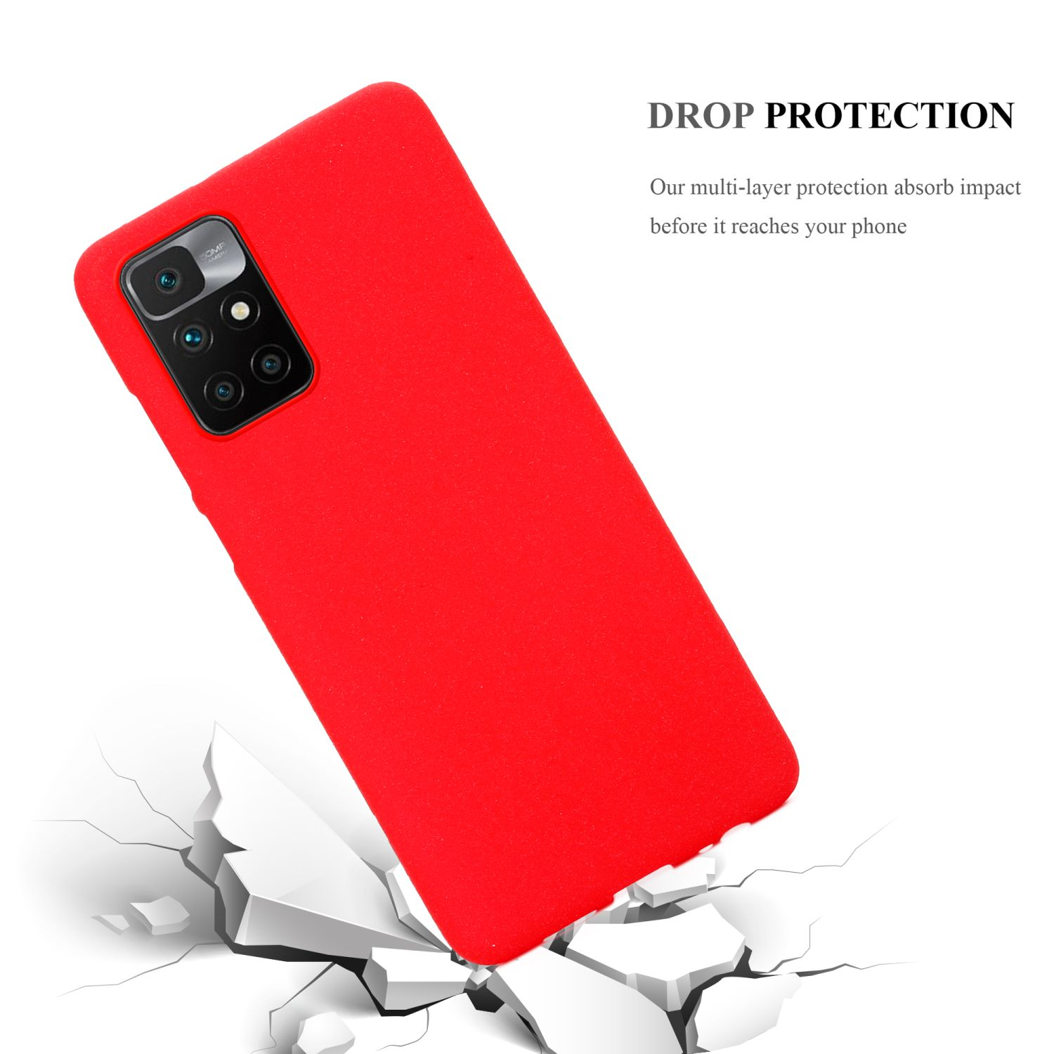 Custodia per telefono rossa che cade su un terreno incrinato, che illustra la protezione dalle cadute.