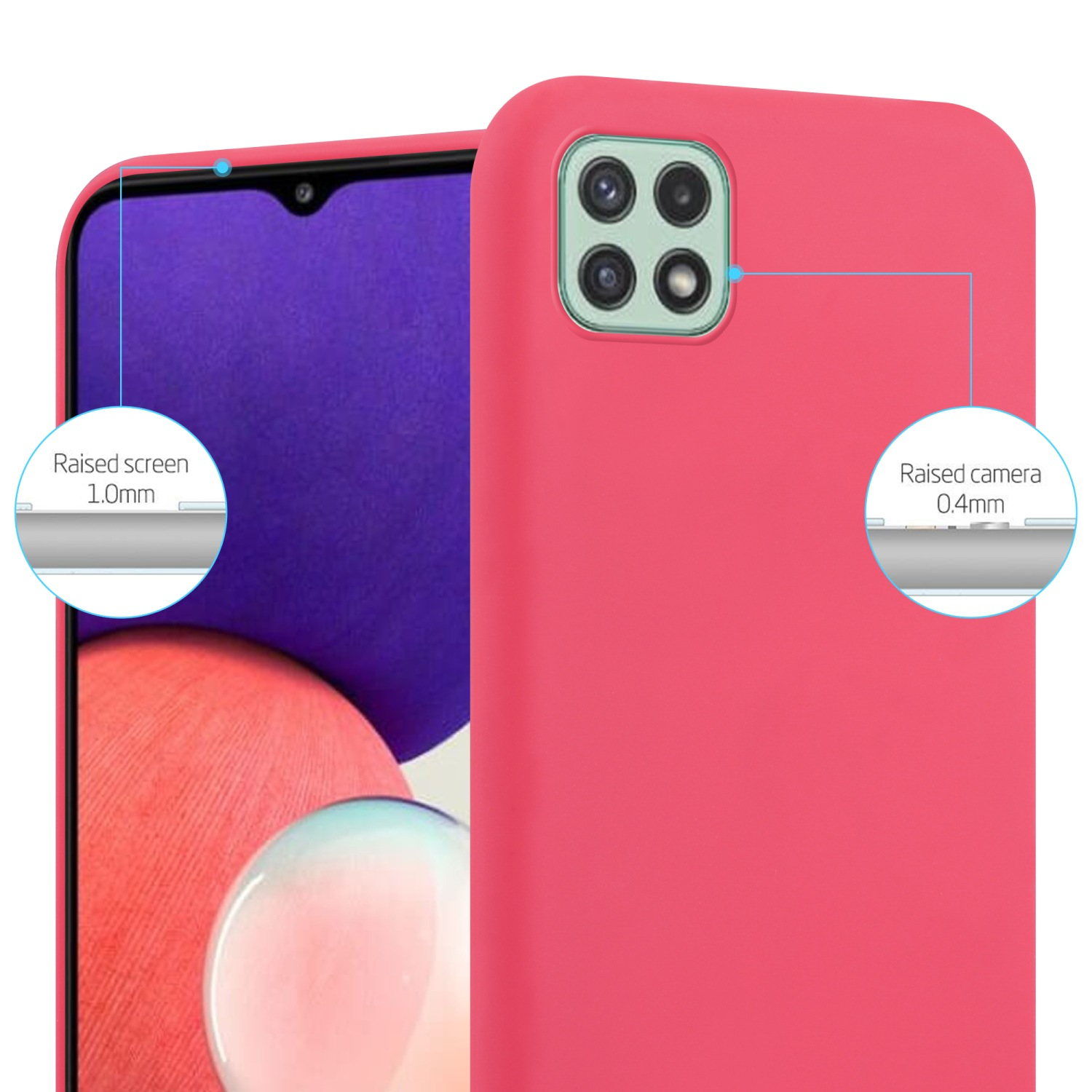 Custodia per telefono rosa, primo piano, che mostra i dettagli della fotocamera e del bordo dello schermo.