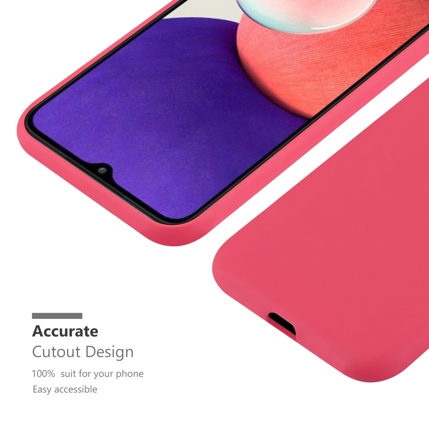 Custodia rosa su un telefono. Il telefono è in primo piano. Il testo dice 'Accurate Cutout Design'.