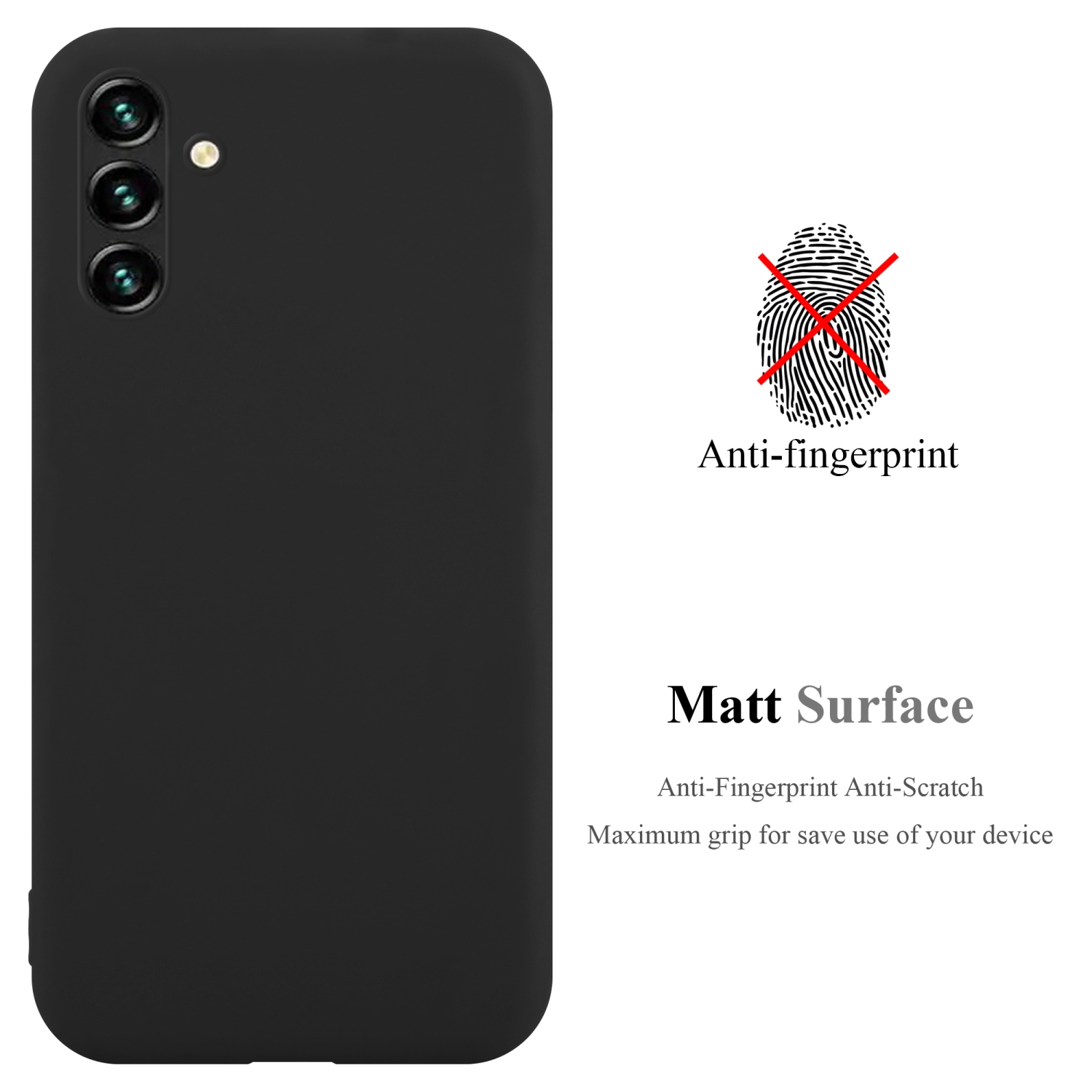 Schwarze Handyhülle. Text: Anti-Fingerabdruck, matte Oberfläche, kratzfest, maximaler Halt.