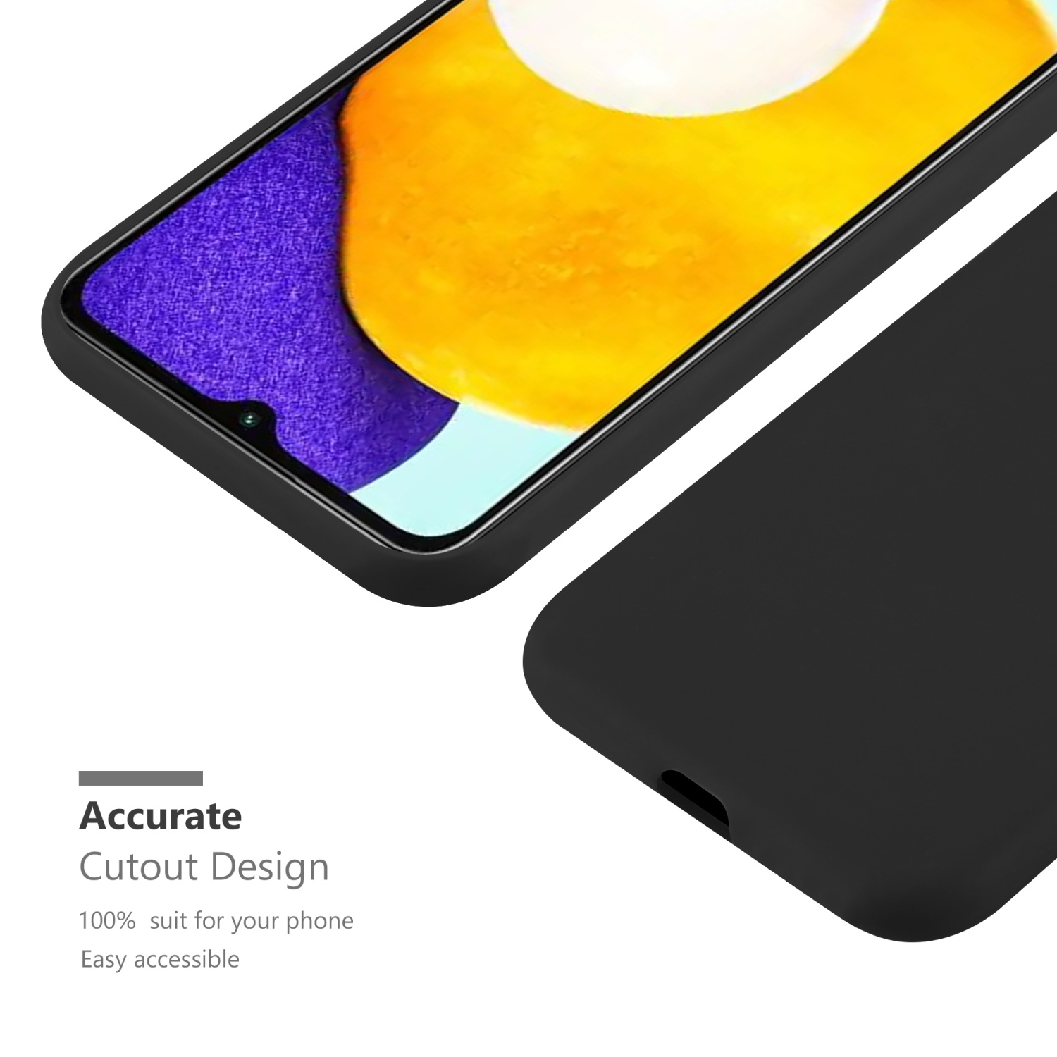 Schwarze Handyhülle mit Telefon. Nahaufnahme, die Ausschnitt-Design zeigt.