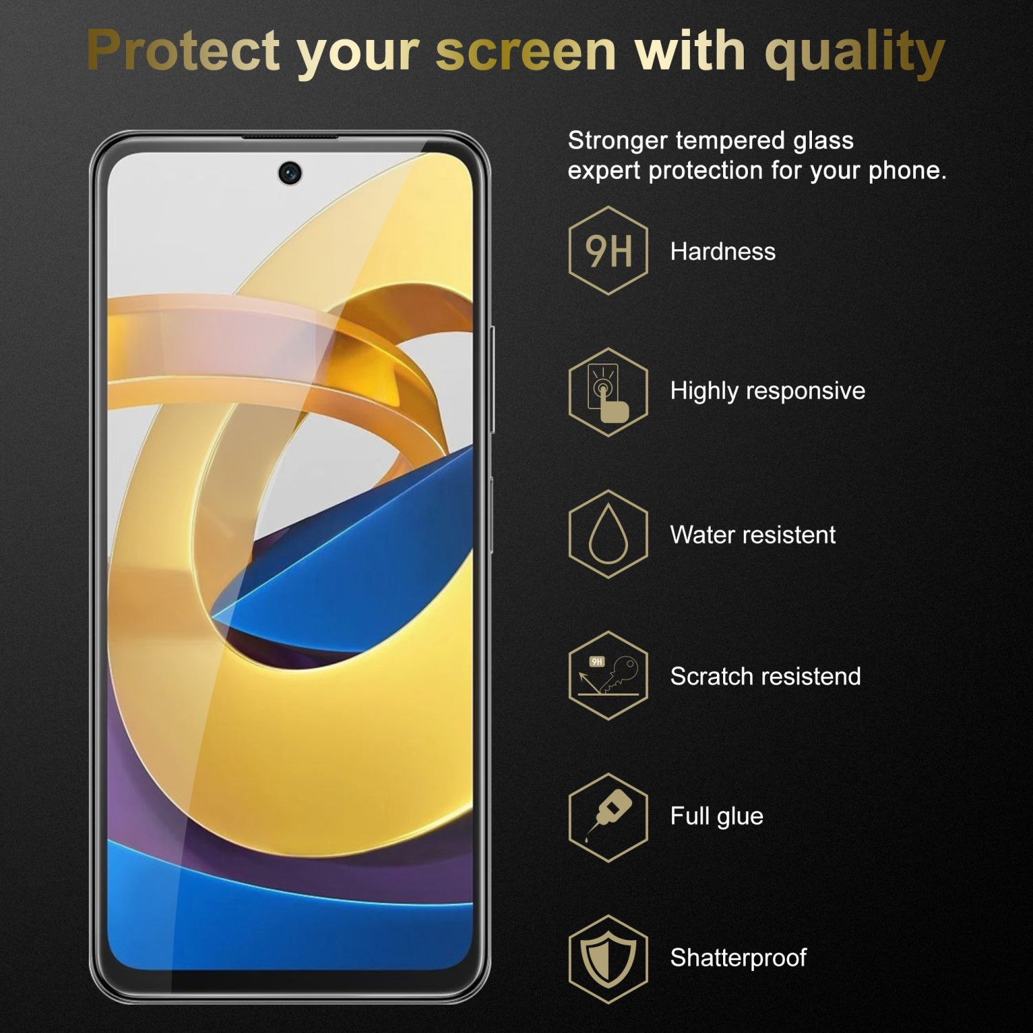 Proteggi schermo del telefono. Lo schermo del telefono mostra un design dorato e giallo. Lo sfondo è nero.