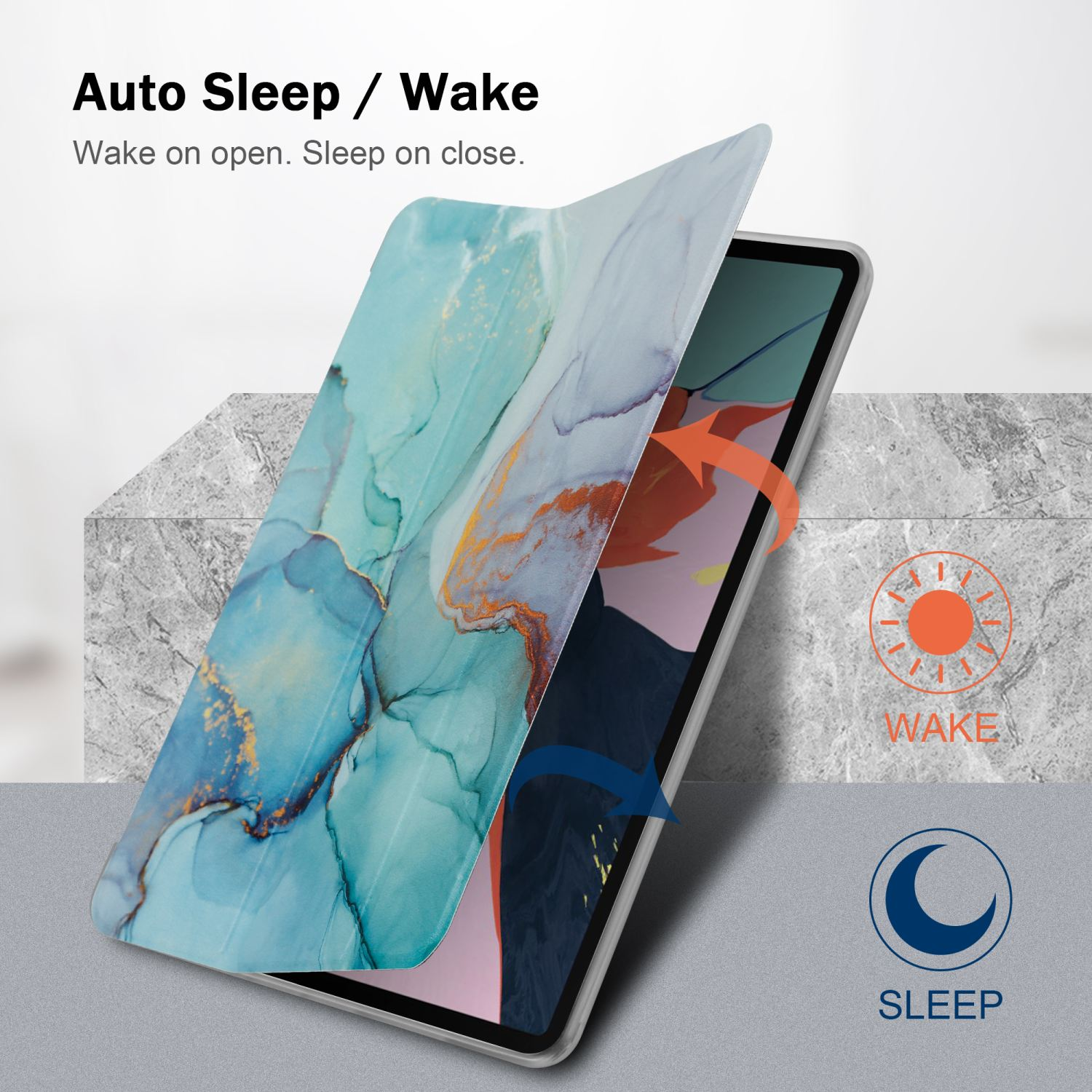Custodia per tablet con coperchio aperto, design marmoreo e icone sleep/wake.