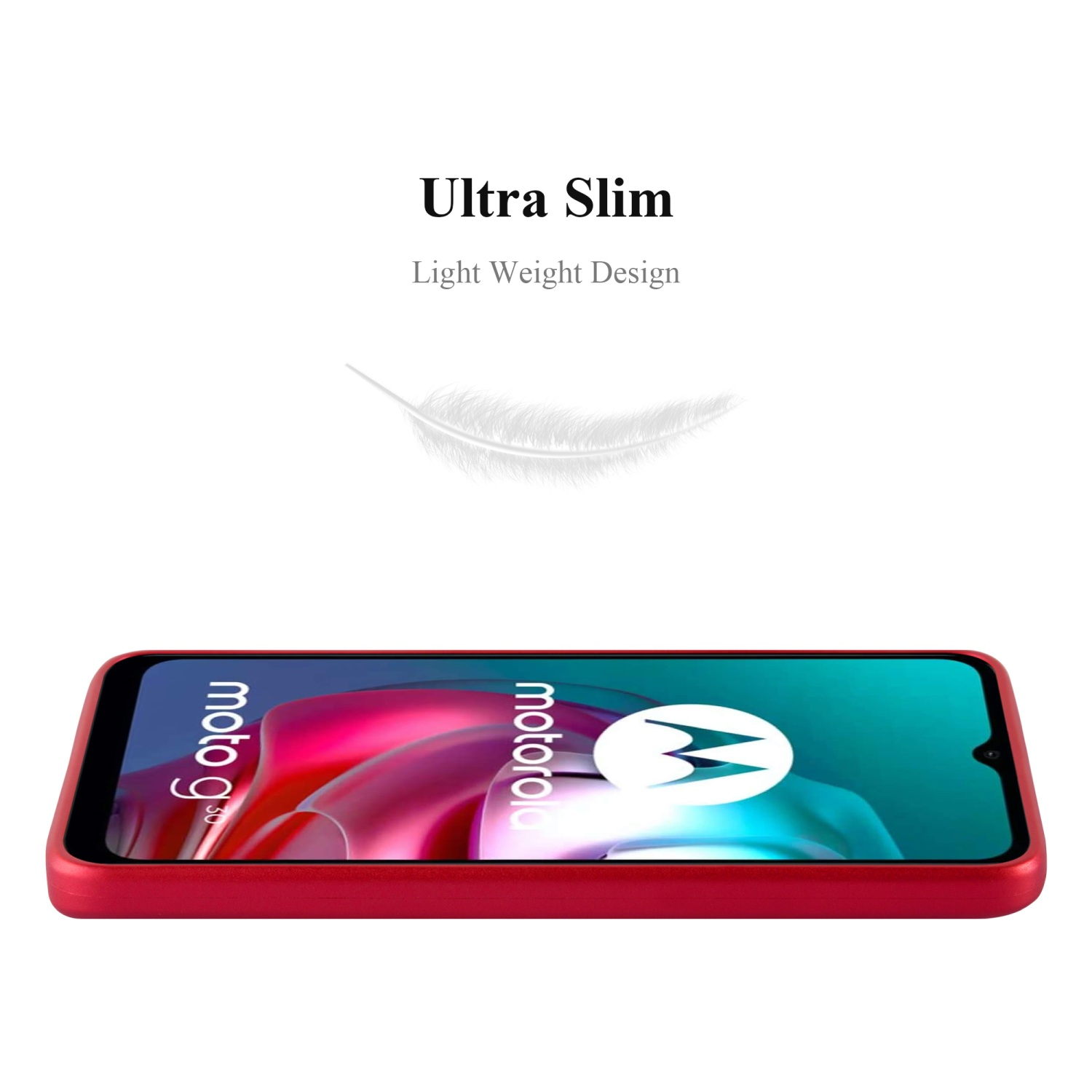 Custodia per telefono rossa. Il telefono è rosso e la custodia è ultrasottile.