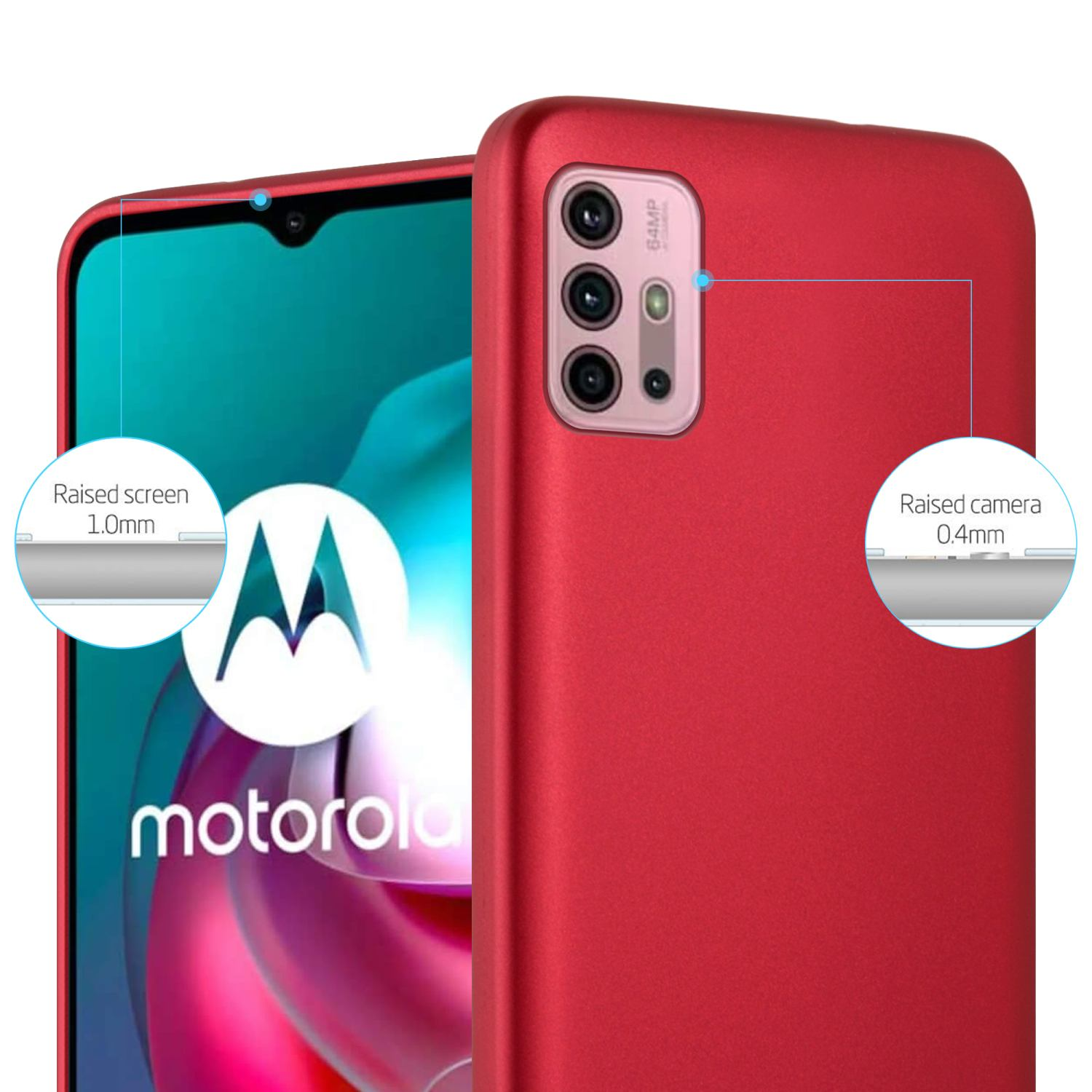 Custodia rossa per telefono con telefono all'interno. La custodia ha schermo e fotocamera rialzati.