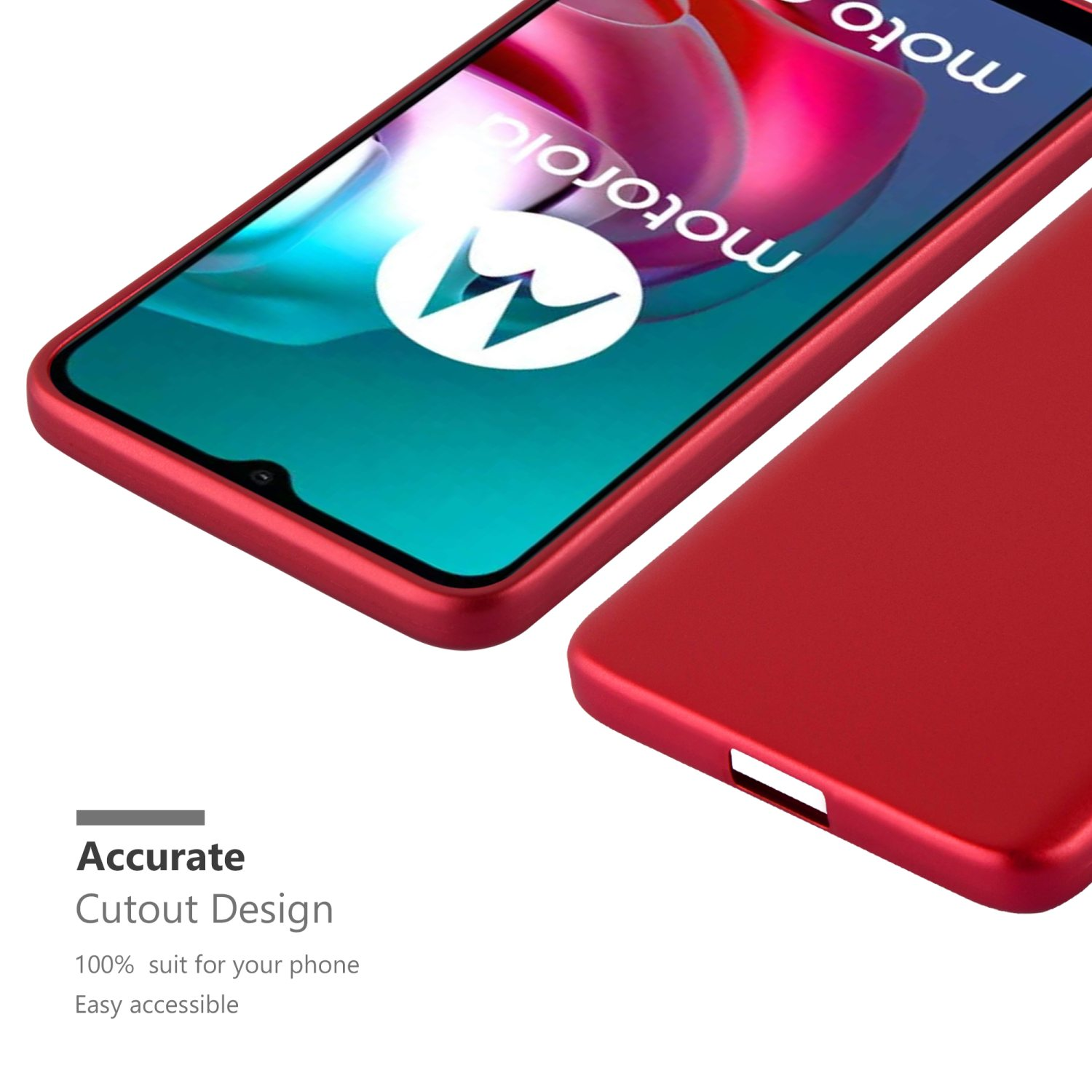 Custodia rossa per telefono con un telefono. Testo in basso: Design preciso.